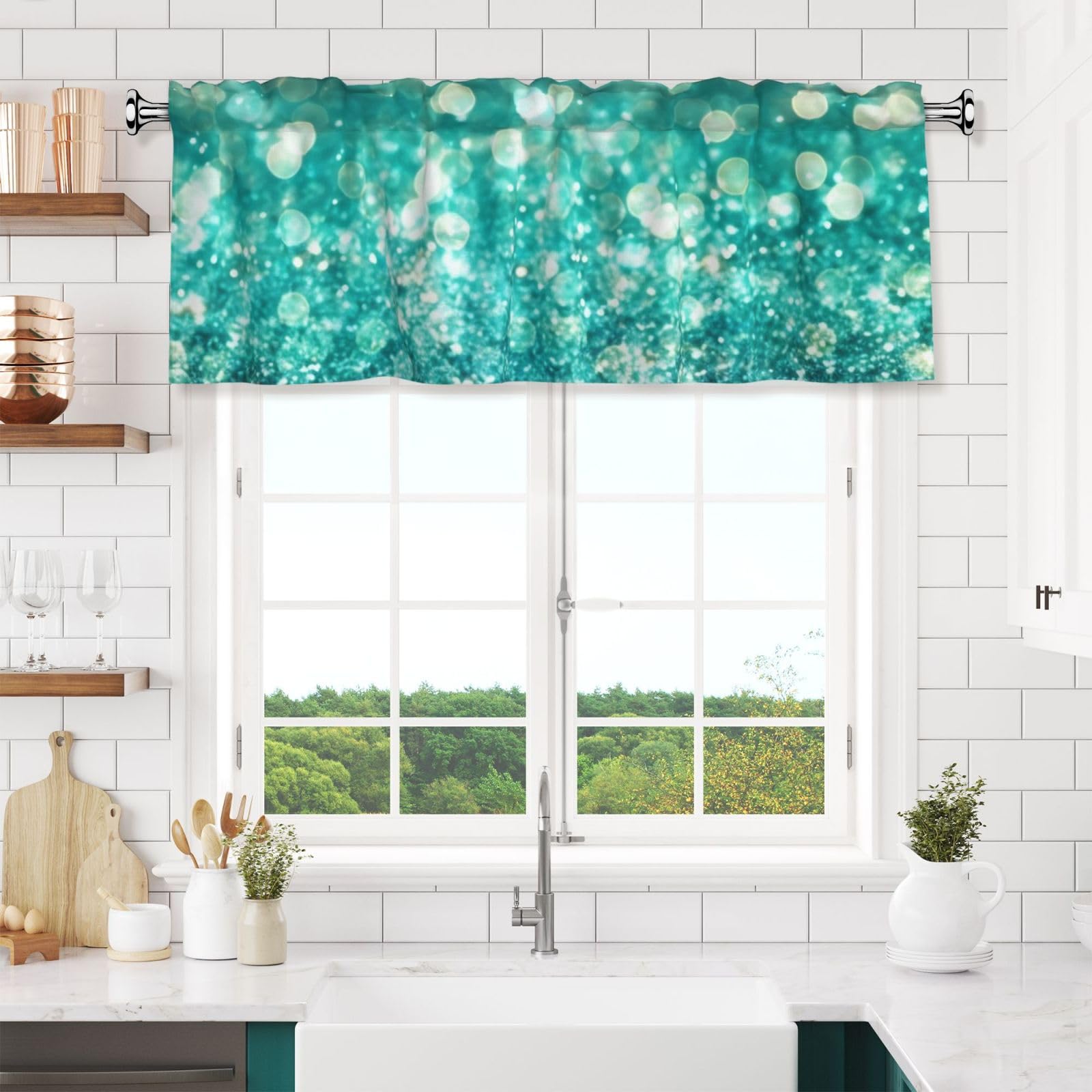 NONHAI Sparkling Valances for Windows Short Curtains Rod Pocket Cafe Window Treatments Valance Curtains for Kitchen Bathroom Laundry Basement Windows 54x18inch Blackout Window Valance