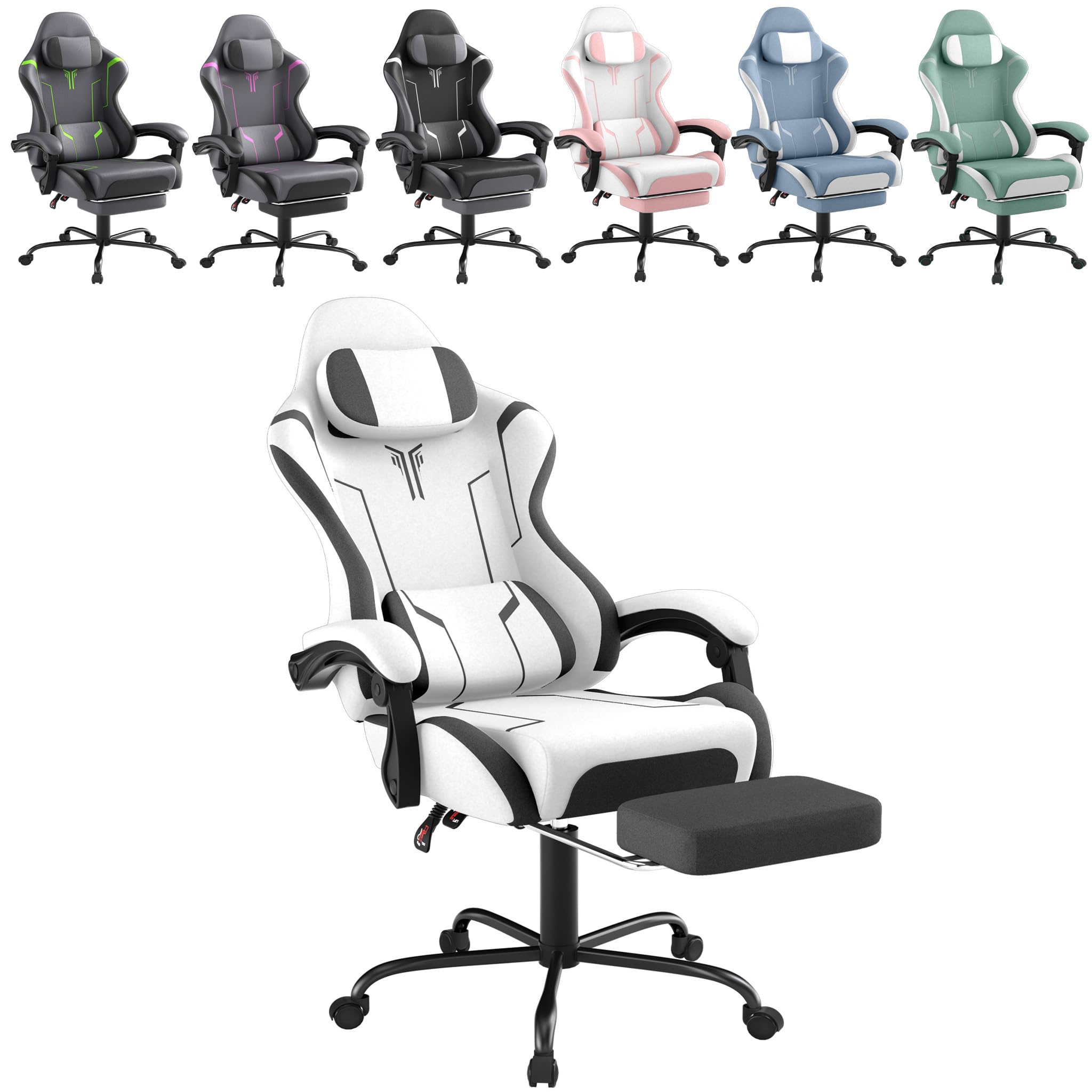 Yunvin Gaming Chair with Adjustable Backrest, Ergonomic Computer Chair with Footrest & Headrest Lumbar Cushion Height-Adjustable Home Office Chair, White