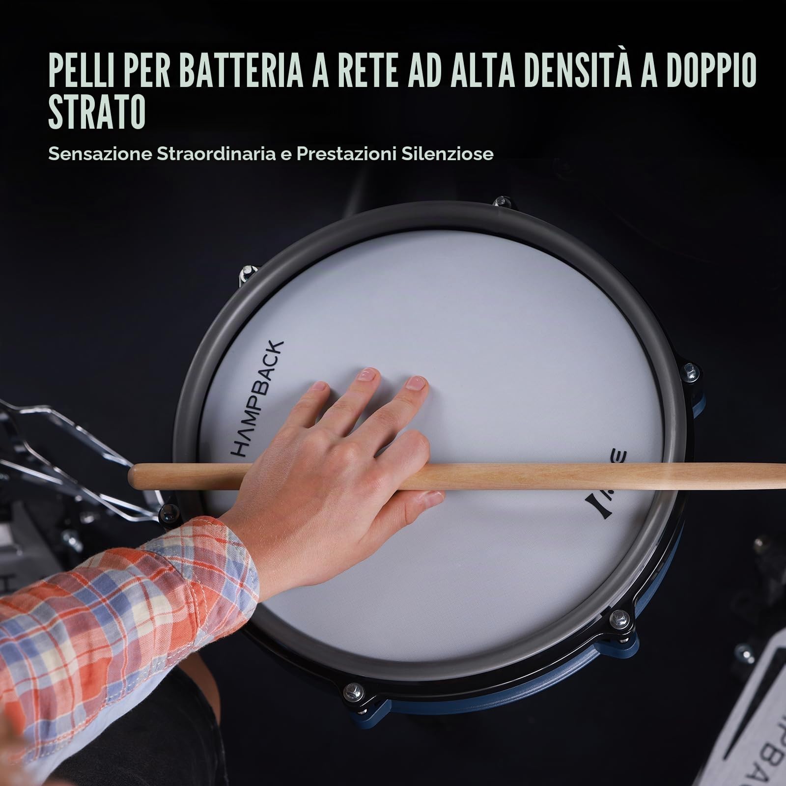 HAMPBACK ACE-360 - Set di batterie elettriche con 4 quite mesh elettroniche, kickdrum da 5 pollici, 12 kit e 68 suoni autentici, USB MIDI, trono, bacchette auricolari, 2 pedali switch per principianti