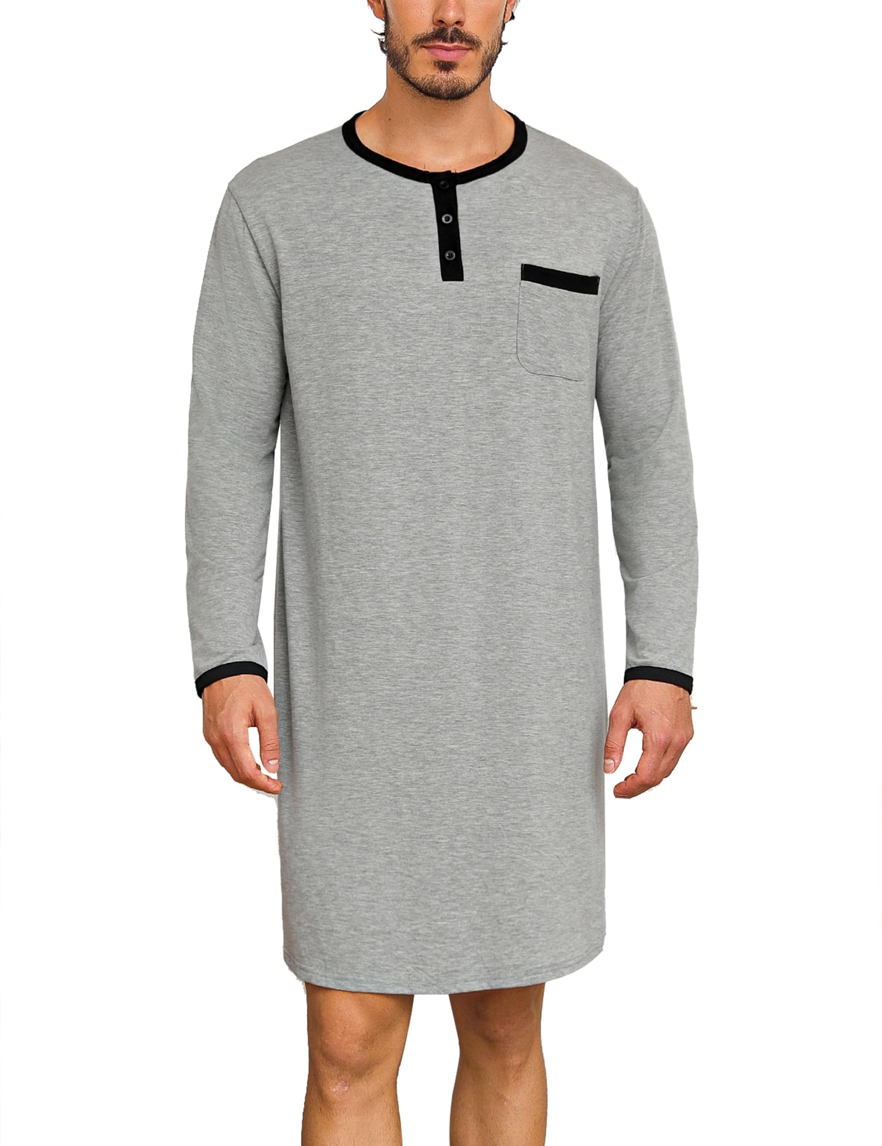 Uniexcosm Nachthemd Herren Langarm Einteiler Schlafshirt Rundhals Einteiliger Schlafanzugoberteile Pyjama Tops Bequem Nachtwäsche Sleepshirt mit Knopfleiste und Brusttasche