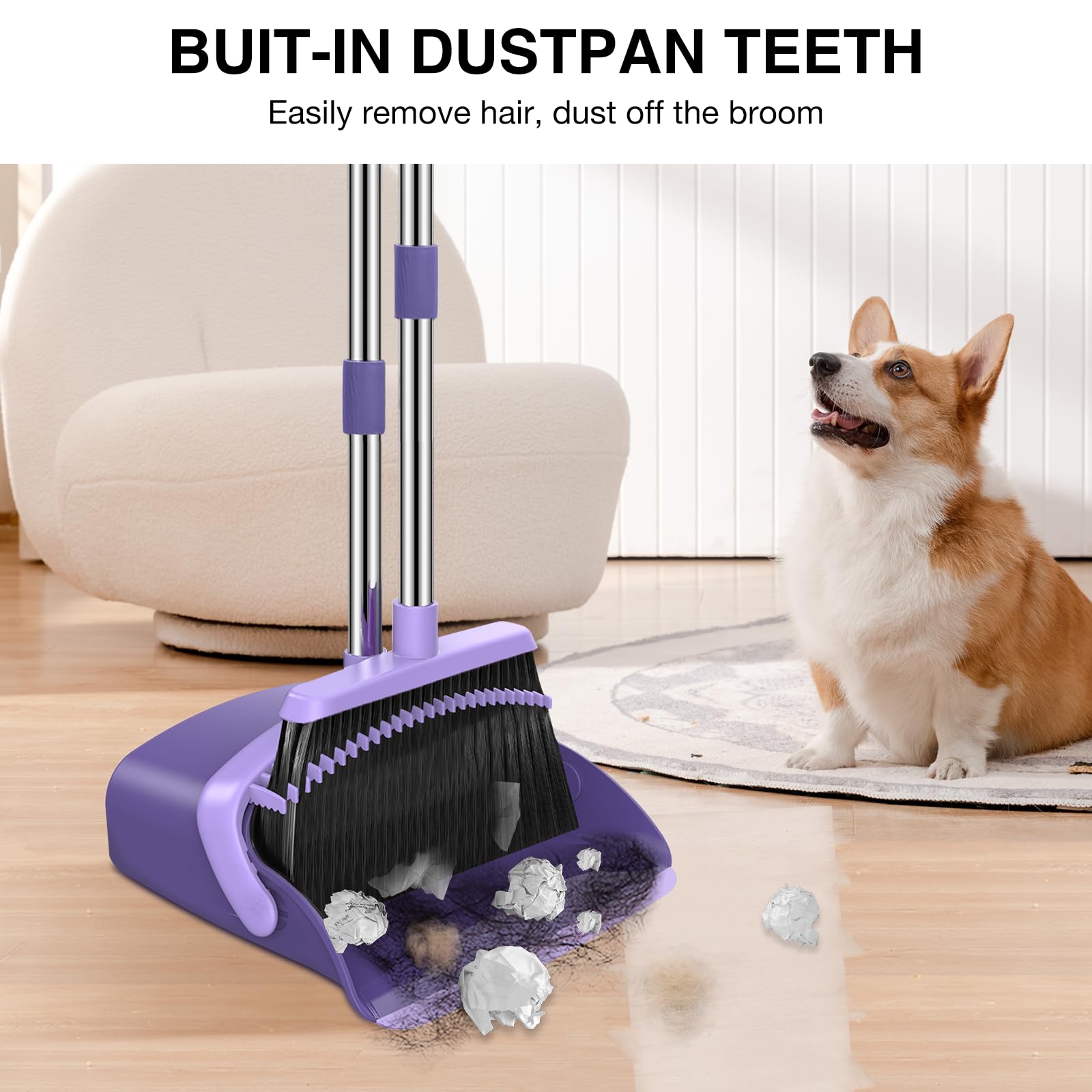NACENA Besen- und Kehrschaufel-Set, 132,1 cm lang, Verstellbarer Griff, Besen, Kehrschaufel mit Kehrschaufelzähnen zur automatischen Haarreinigung, geeignet für Zuhause, Küche, Büro, Flur, Boden