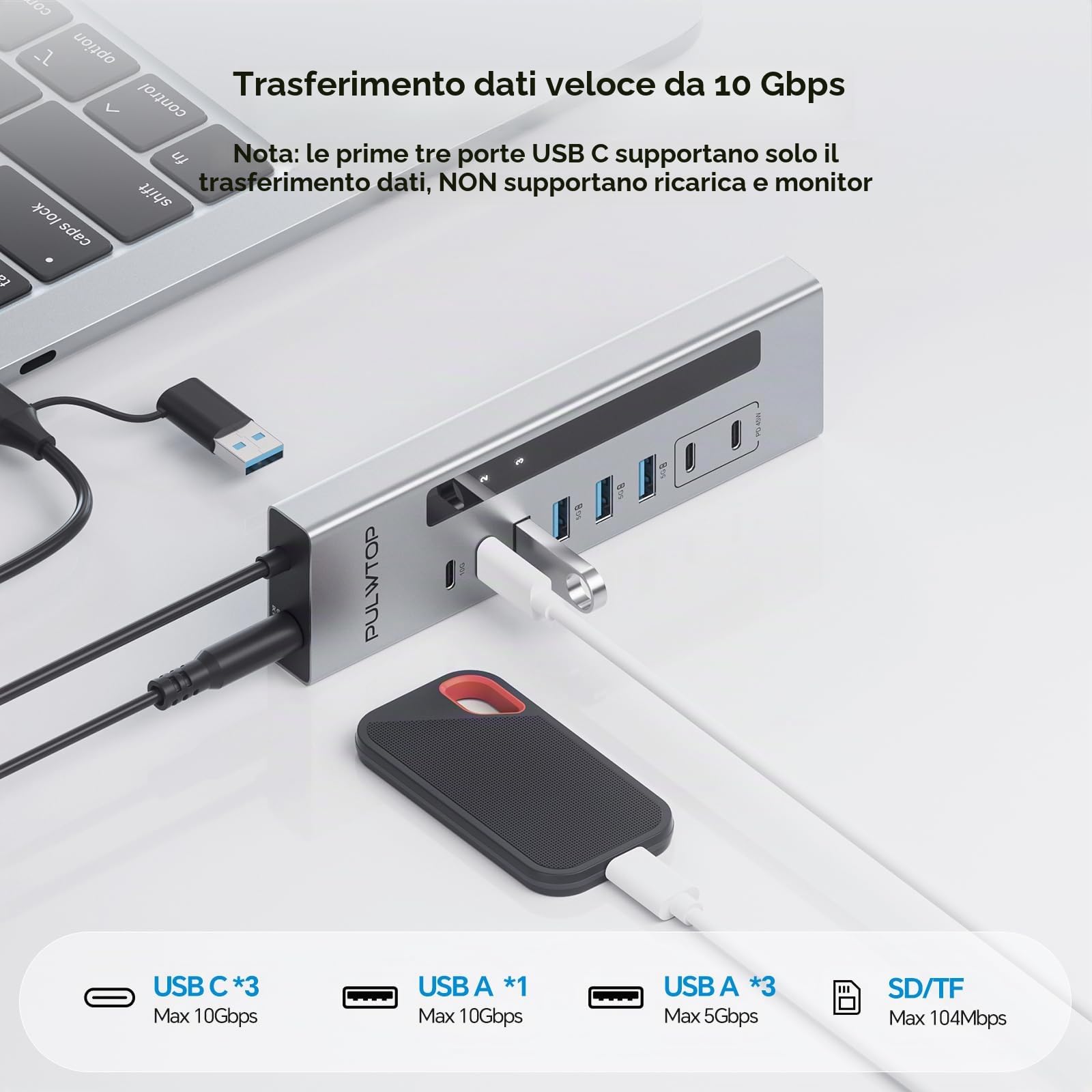 Hub USB C alimentato, hub USB con 2 porte di ricarica Type-C PD da 24/45 W | PULWTOP USB Hub con SD/TF, USB C 10Gbps, USBA 5/10Gbps e 24/45W Type-C PD Charging Ports, 72W Adapter Included