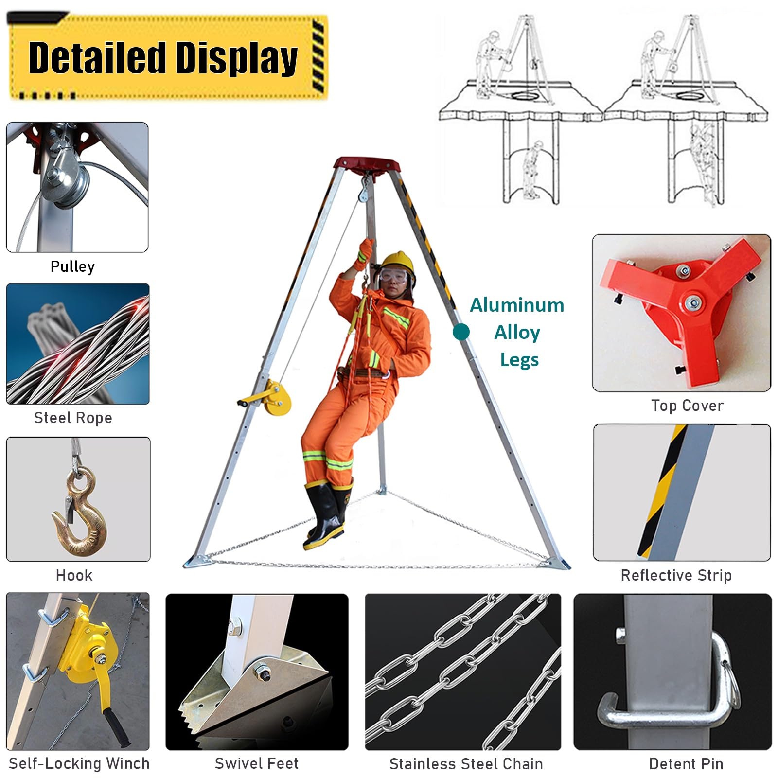 Genérico Trípode de Rescate para Espacios confinados con Patas retráctiles, Cable de cabrestante de 98'/82'/65', arnés de Seguridad anticaídas y Bolsa de Almacenamiento: Ideal para Operaciones de ele