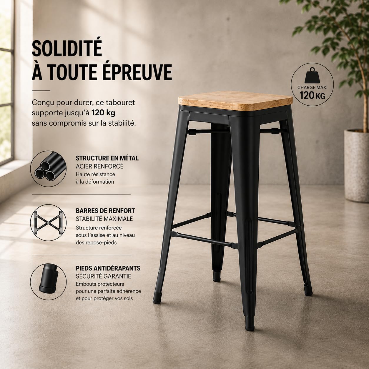 Kosmi Lot de 4 Tabourets de Bar Industriels 66 cm – Structure en Métal Noir Mat, Assise en Bois Clair, Style Loft Vintage, Cuisine, Îlot Central, Bar, Restaurant, Montage Facile