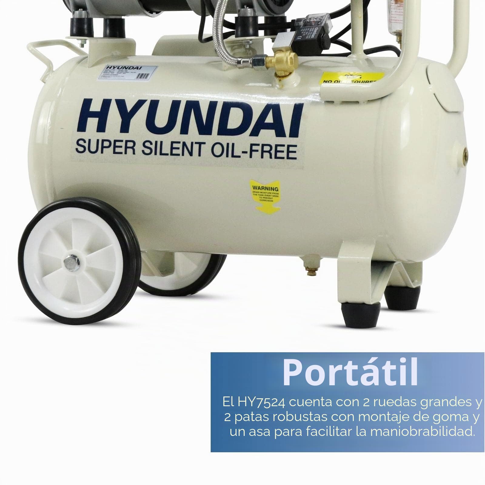 Hyundai Compresor de aire de 24 litros, 5,2 cfm/100 psi, silencioso, sin aceite, 750 W/230 V, 150 litros por minuto, 2 años de garantía