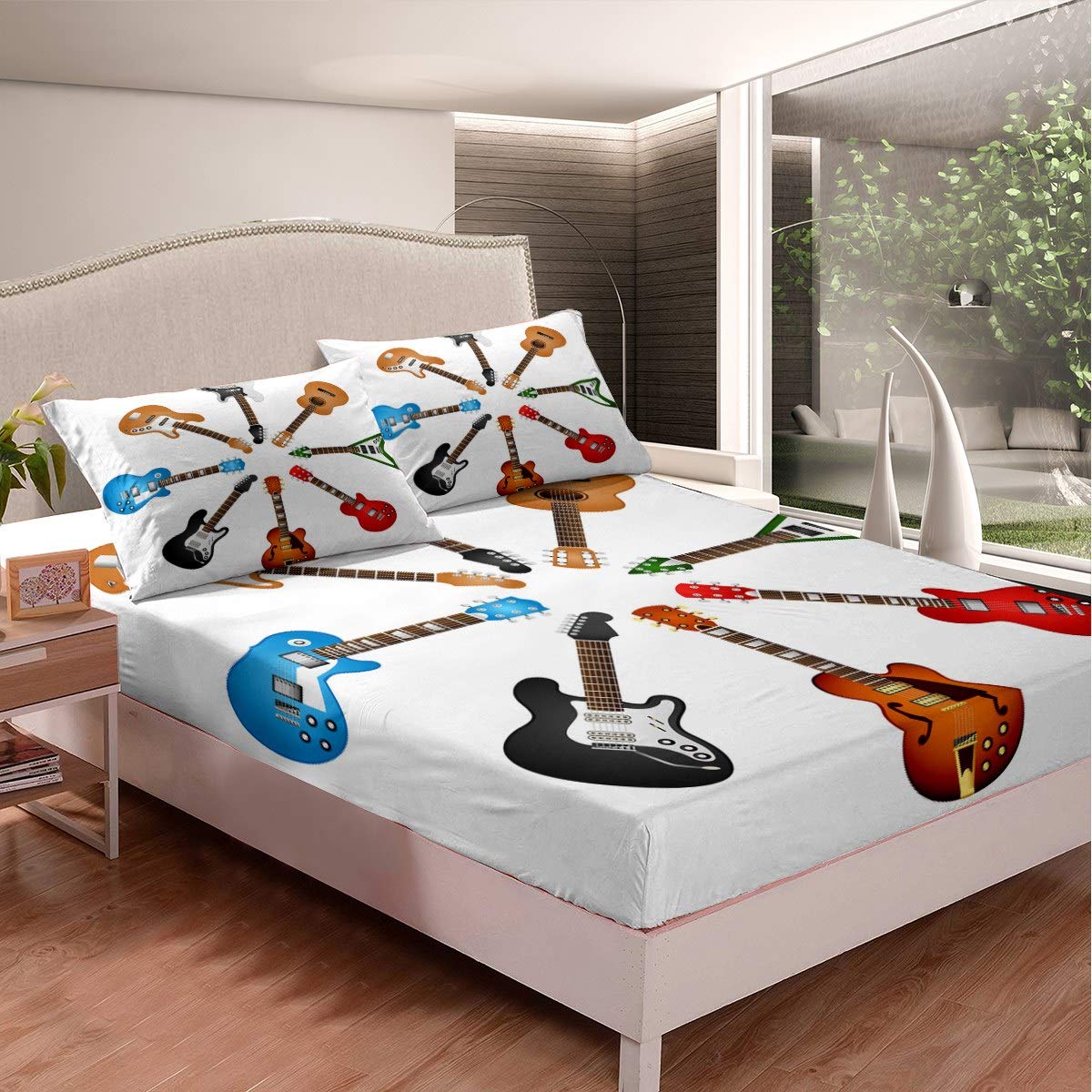 Feelyou Guitar Bed Sheet Set Rock Music Themed Sheets for Kids Boys Girls Electric Guitar Printed Bedding Set Musical Instruments Fitted Sheet Bedroom Collection 2Pcs TwinXL Size