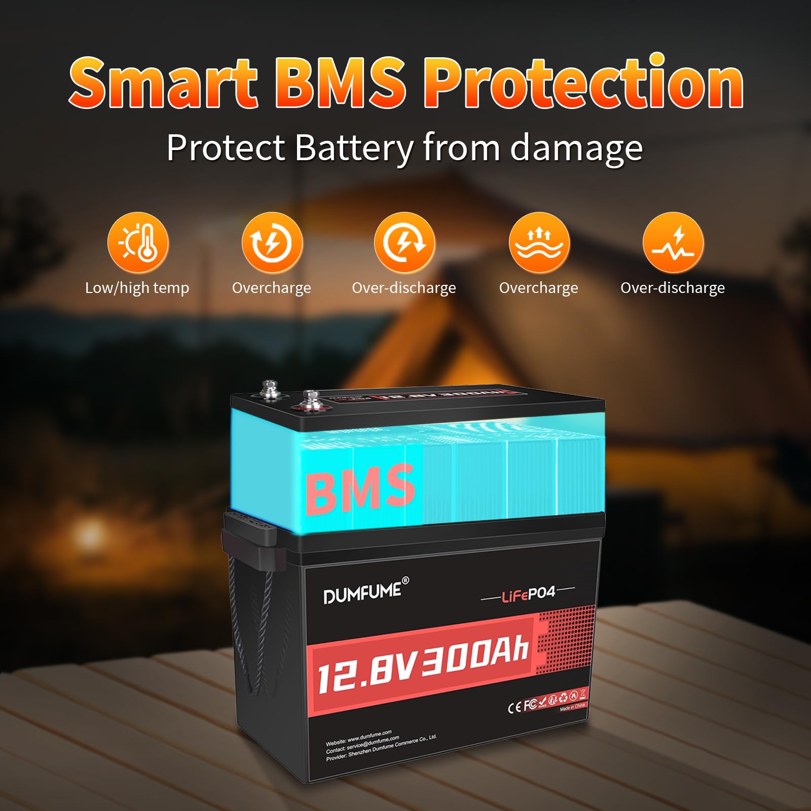 Dumfume 12V 300Ah Batteria al Litio LiFePO4-15.000 Cicli Profondi, BMS 200A, 3840W Per Accumulo Solare, Alimentazione di Emergenza, Camper, Campeggio & Applicazioni Off-Grid