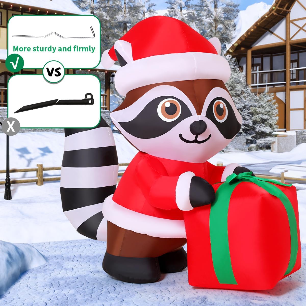 COMIN 5.2 FT Christmas Inflatables Outdoor Decorations Inflatable Raccoon Hold Gift Package Blow ups with Built-in LEDs for Yard Party Lawn Decor