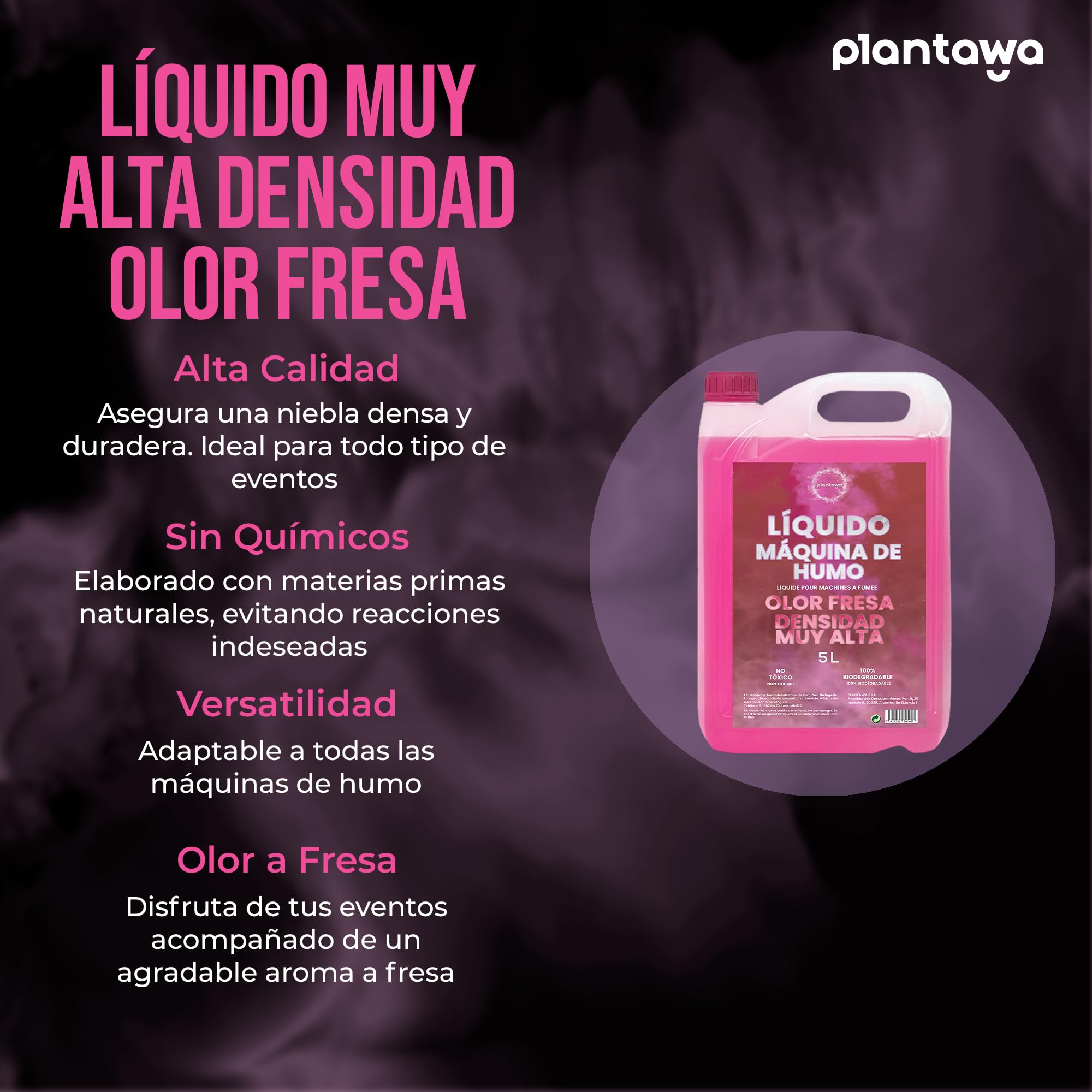 PLANTAWA Líquido Máquina de Humo Alta Densidad 5 L Aroma Fresa | Fluido para Máquina de Humo Profesional | Niebla Densa y Duradera | Ideal para Fiestas, Halloween y Eventos