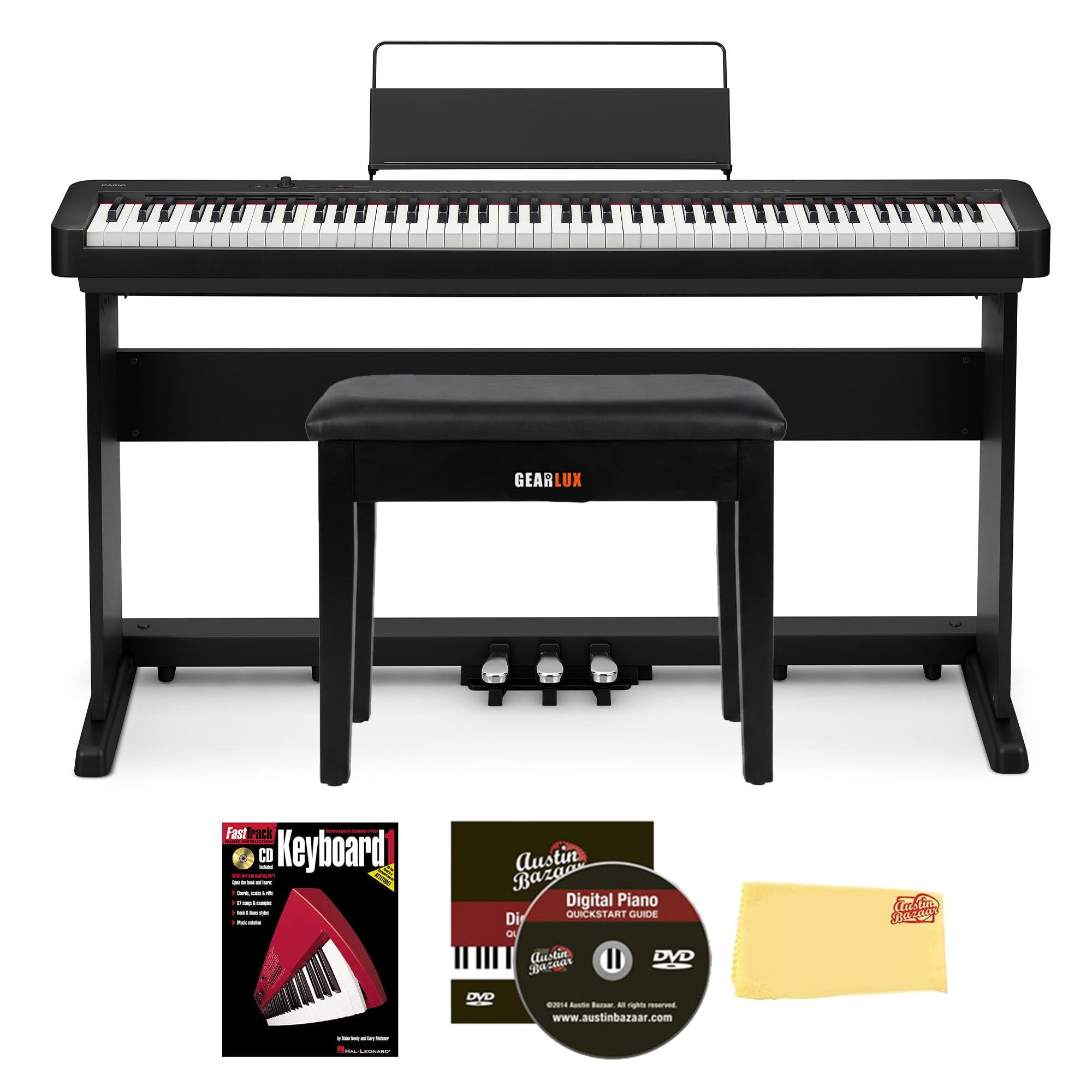 Casio CDP-S160 88-Key Compact Digital Piano - Black Bundle with Furniture Stand, CS-470P 3-Pedal System, Bench, Instructional Book, Online Lessons, Austin Bazaar Instructional DVD, and Polishing Cloth