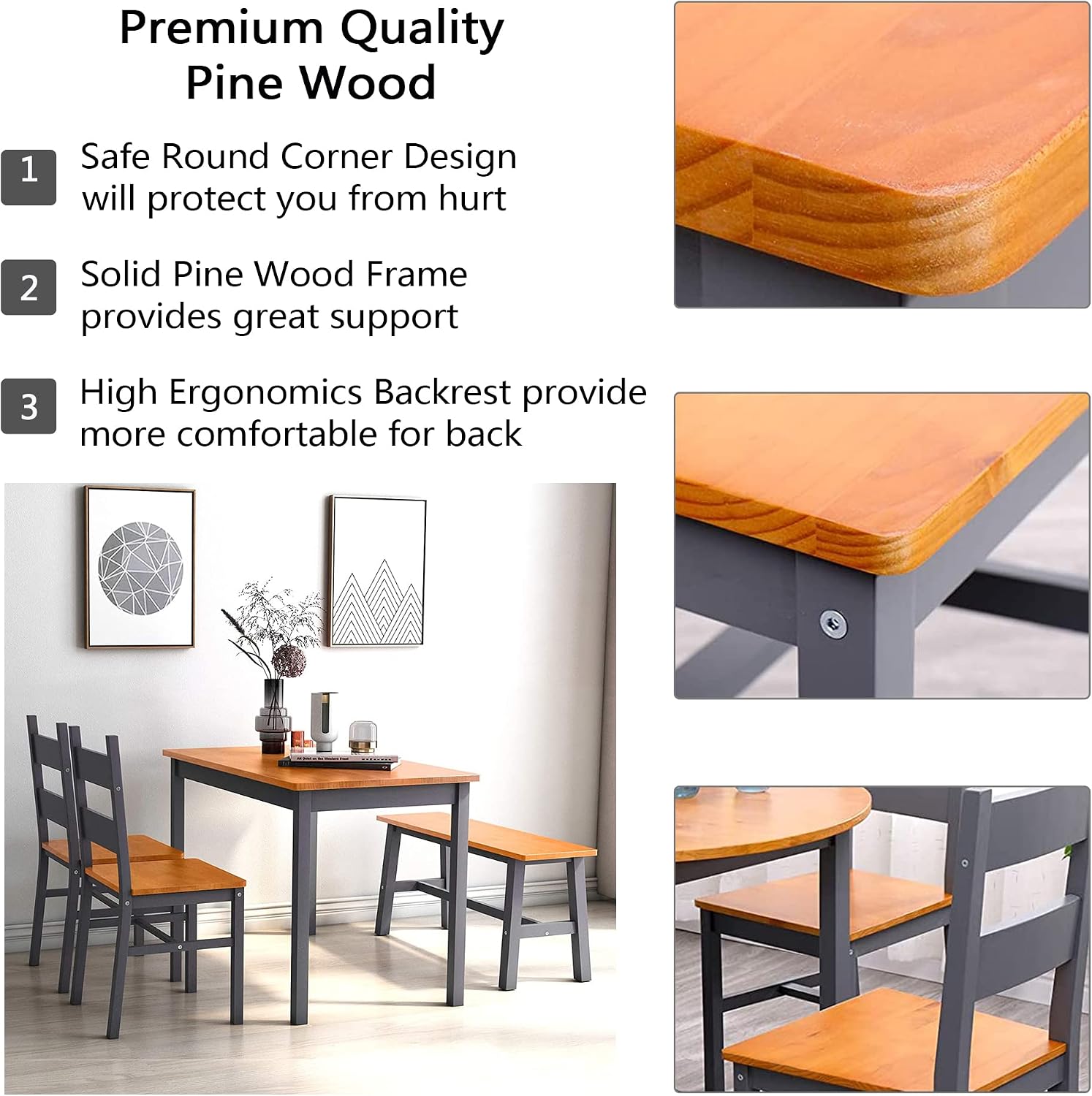 Image showing features of the dining set: safe round corners, solid pine wood frame, and high ergonomic backrests on chairs.