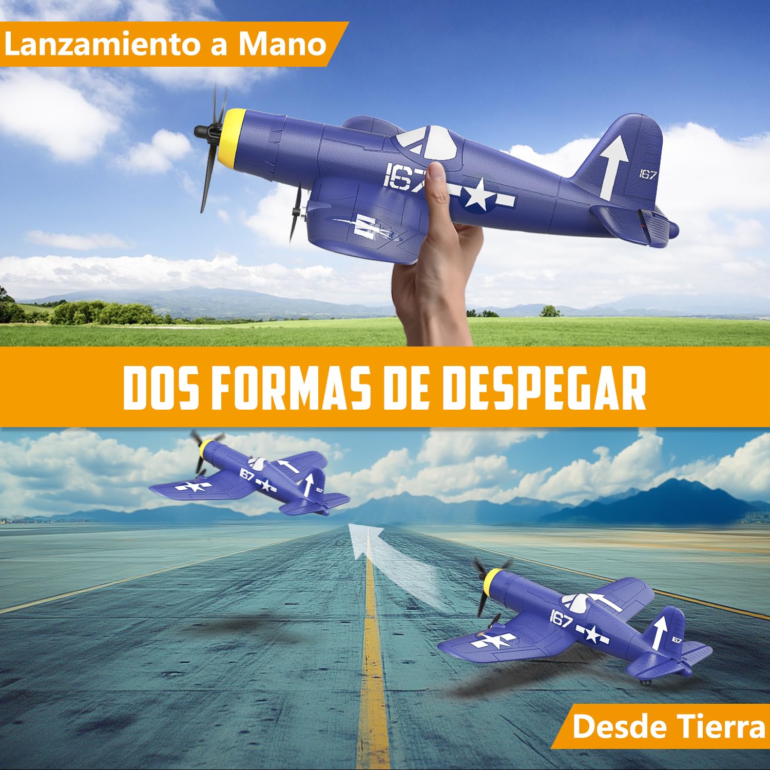 HAWK'S WORK Avion RC 3 Canales F4U Corsair, Control Remoto Warbird Listo para Volar, 2.4GHz Estabilizador Giroscopico de 6 Ejes, Facil de Volar para Niños y Principiantes