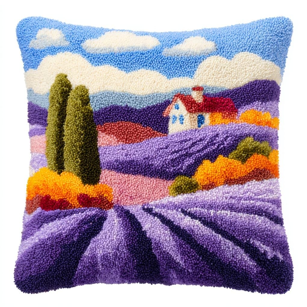 WallustrioaW Latch Hook Pillow Kits Pillow Cover,Lavender Manor,Pattern Printed Cross Stich Hooking Pillowcase Cushion Crafts Embroidery Home Decor Kits,17x17in