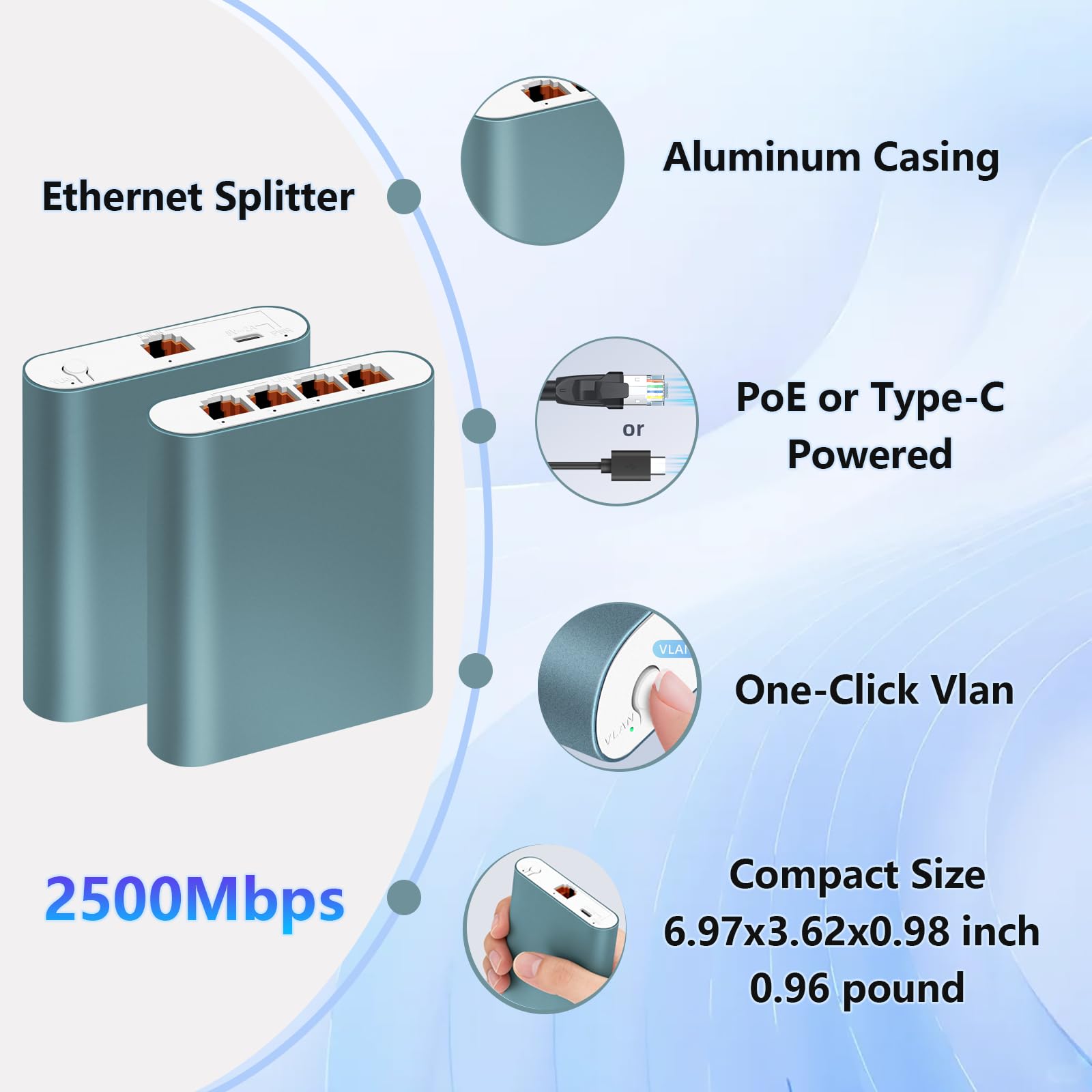 Répartiteur Ethernet 1 à 4 avec entrée POE 2,5 Gbit/s, commutateur réseau 5 ports 2,5 Gbit/s et câble d'alimentation de type C pour câble Cat5/5e/6/7/8, boîtier en aluminium, Plug and Play pour