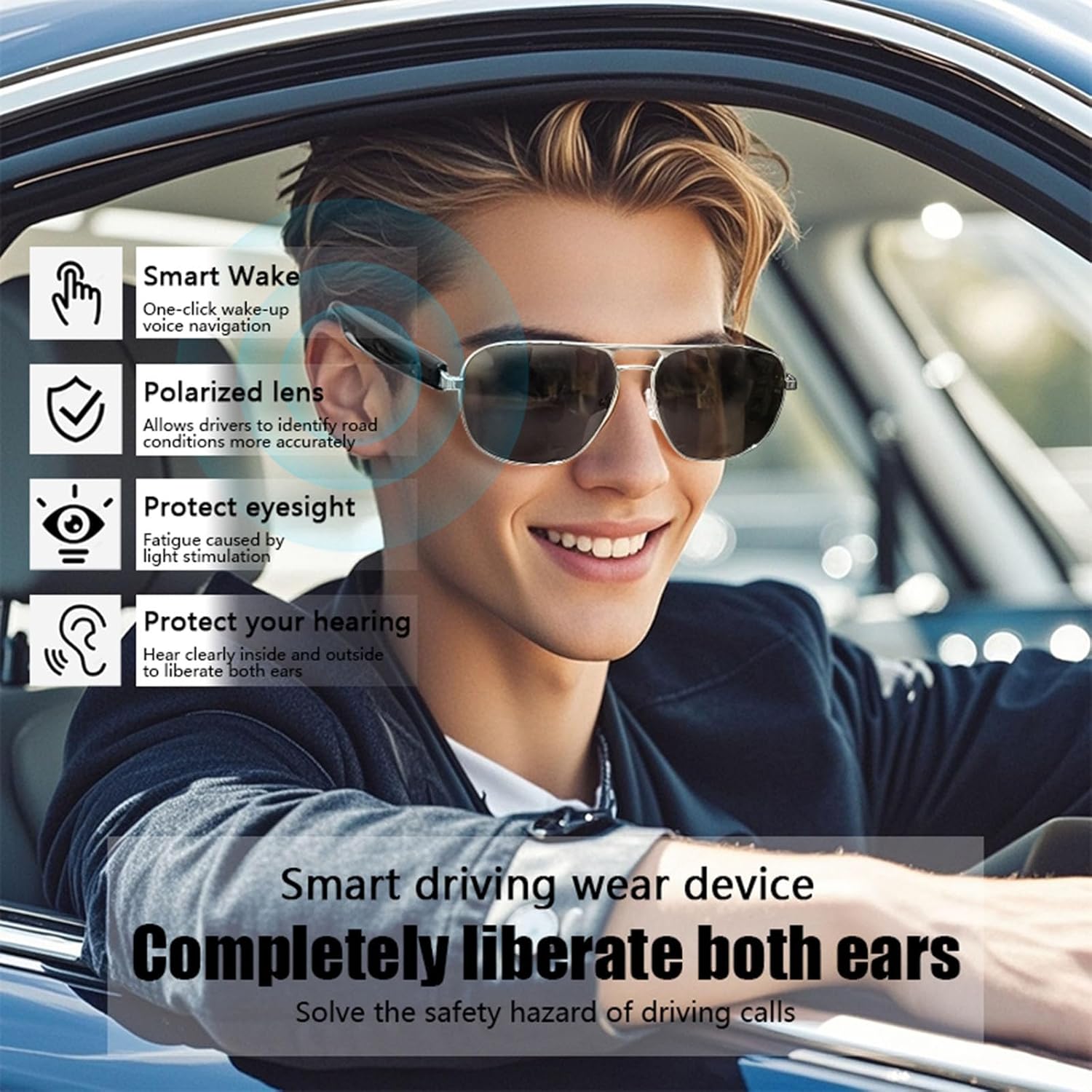A man driving a car while wearing Xmenha GS02 Smart Bluetooth Sunglasses, with icons illustrating features like Smart Wake, Polarized lens, Protect eyesight, and Protect your hearing. Text reads 'Smart driving wear device, Completely liberate both ears'.