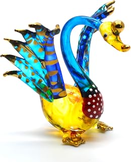 Tiny 1⅞" High Blue Yellow Flapping Swan Waterfowl Bird Figurine - Miniature Hand Blown Painted Glass Birds Colorful Crystal Animals Decorative Collectible Figurines Décor Gifts