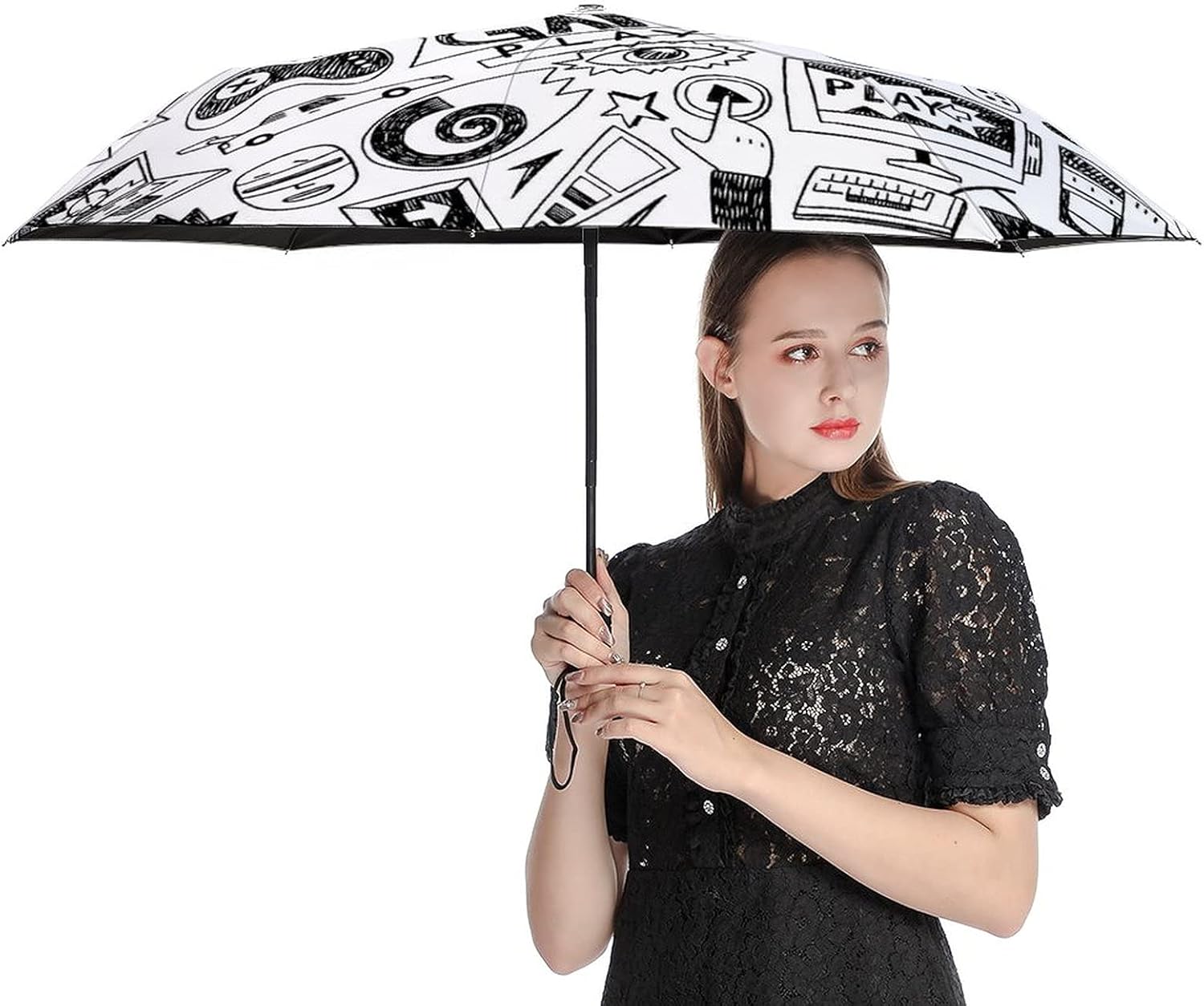 Black and White Sketch Style Gaming Windproof Travel Small Folding Backpack Umbrella with UV Protection