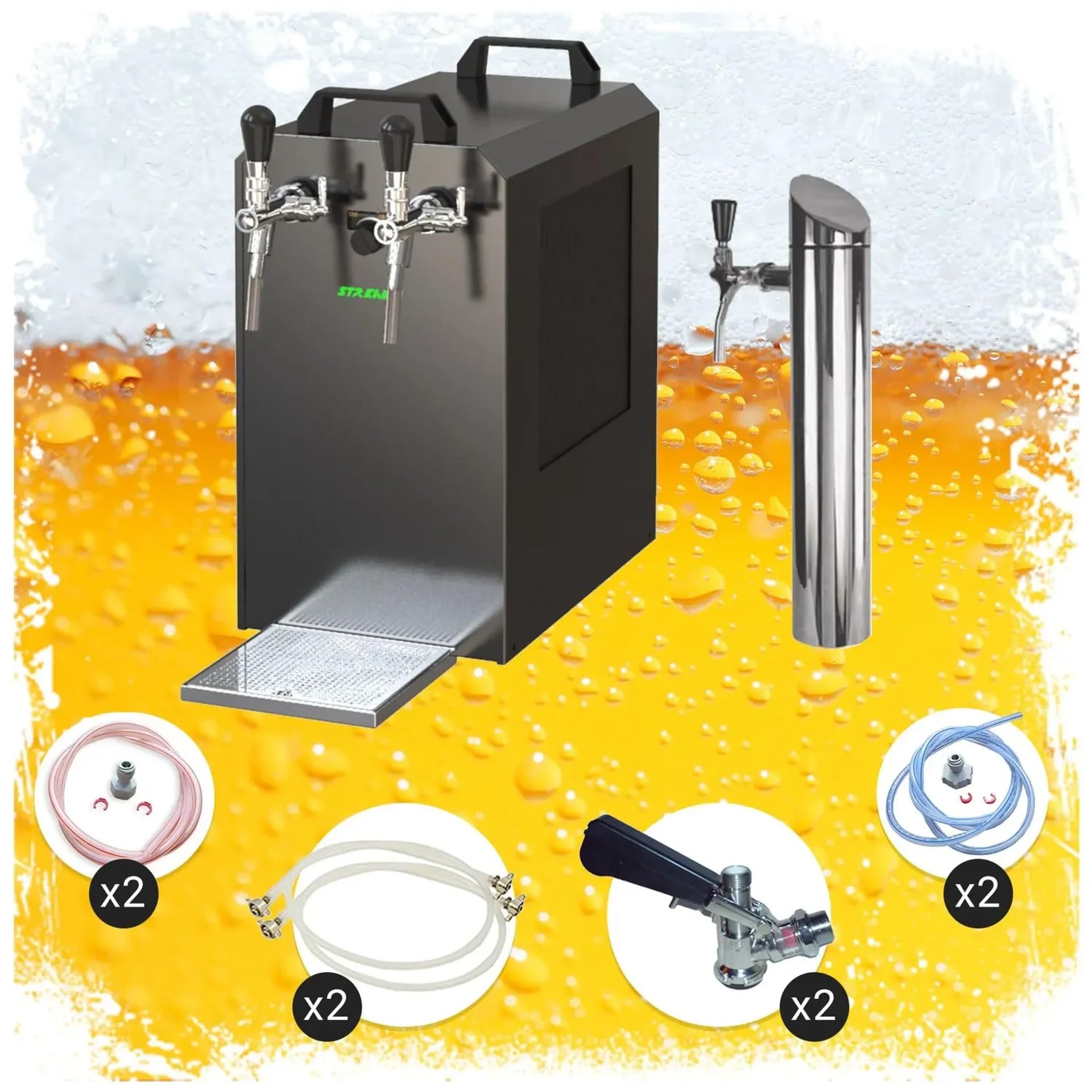 Kit completo bajo encimera Stream 80K - sistema dispensador cerveza 2 líneas enfriador seco flujo continuo con bomba aire, torre cepillada y cabezas grifo NC/keykeg