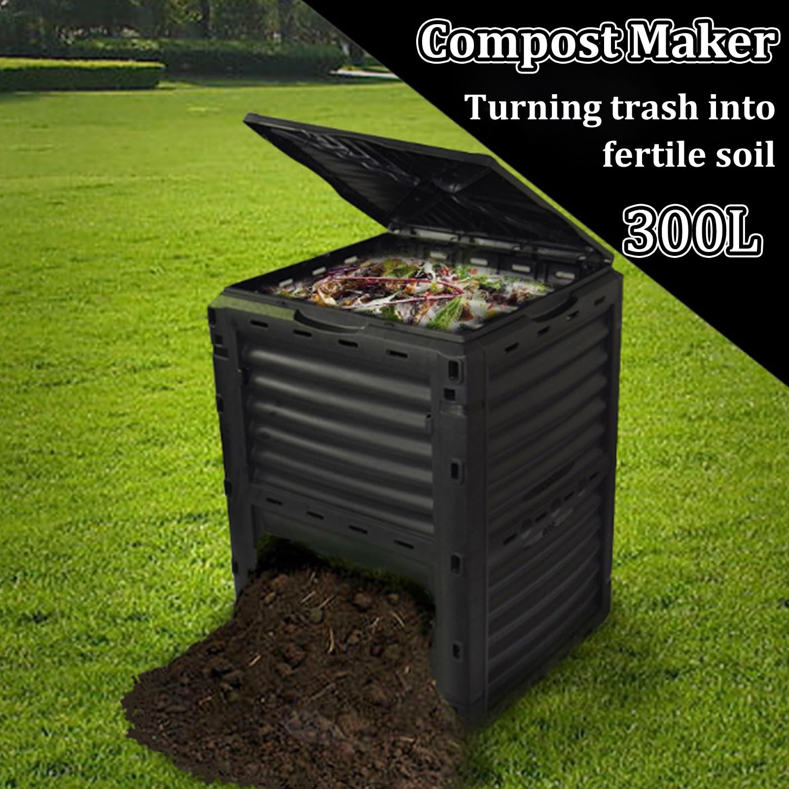 Pojemnik na kompost ogrodowy 300 l, duża pojemność, plastikowy konwerter na odpady, wodoodporny i chroniony przed promieniowaniem UV, łatwy montaż, ekologiczny kompost do recyklingu żyznej gleby