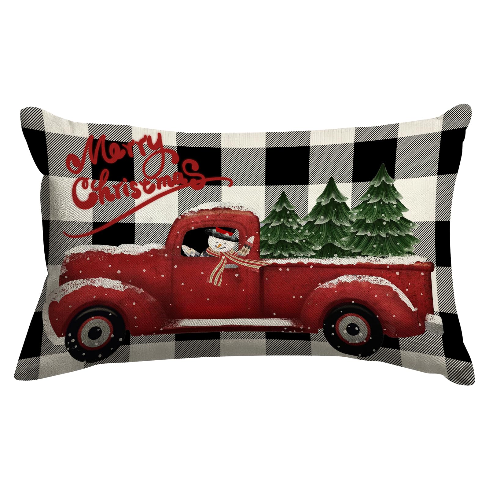 GOOESING Christmas Throw Pillow Covers 16x24 Inch Farmhouse Christmas Decorations Red Truck with Xmas Tree Buffalo Plaid Linen Decorative Throw Pillow