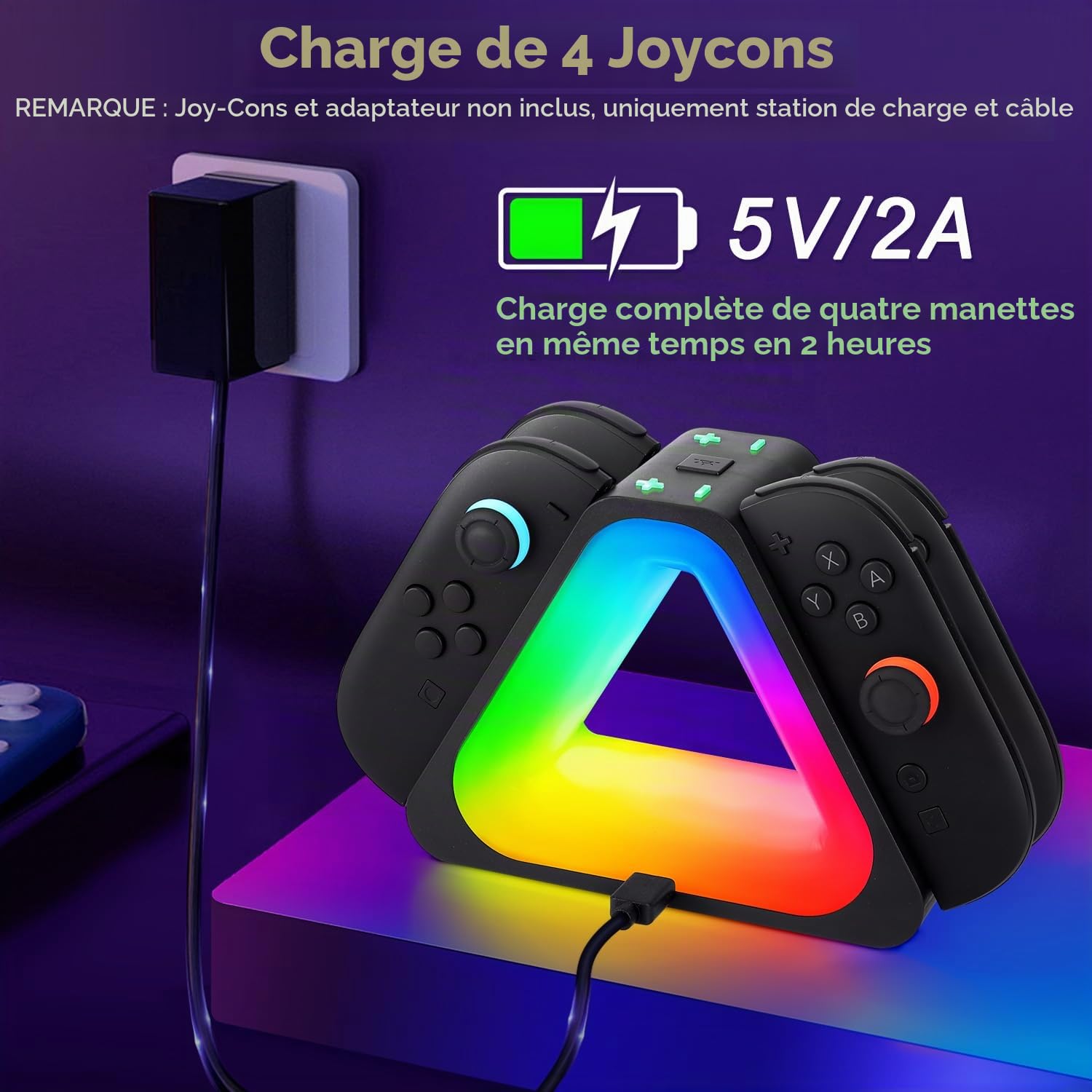 Dock de Charge pour Switch 2,4-en-1 Nintndos Switch 2 Station de Charge avec 7 Couleurs lumières RVB,Charge Rapide USB-C PD avec câble,Charges 4 contrôleurs Joy-Cons,Design de Voyage Portable
