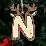 Christmas Wooden Reindeer Letter Ornaments - Natural Wood Alphabet Hanging Decor with Jute String, DIY Name/Word Xmas Tree Ornament, Personalized Tag for Home Party Decoration (Letter N)