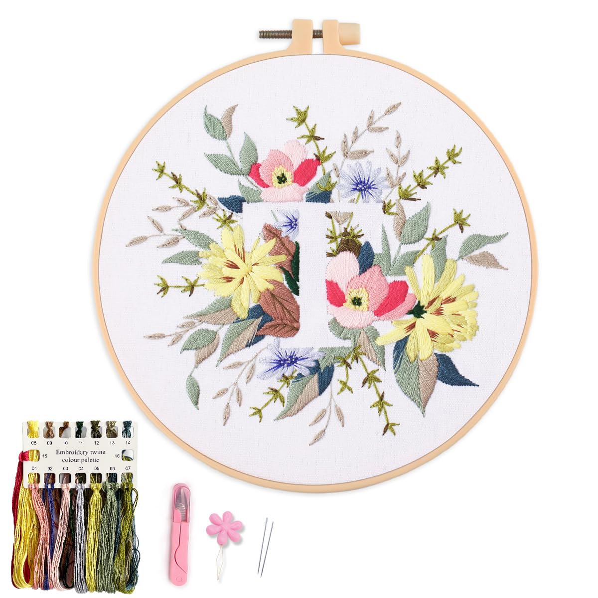 Myfelicity Embroidery Kit for Beginners and Adults Floral and Lettering Design (T), 20 cm x 20 cm