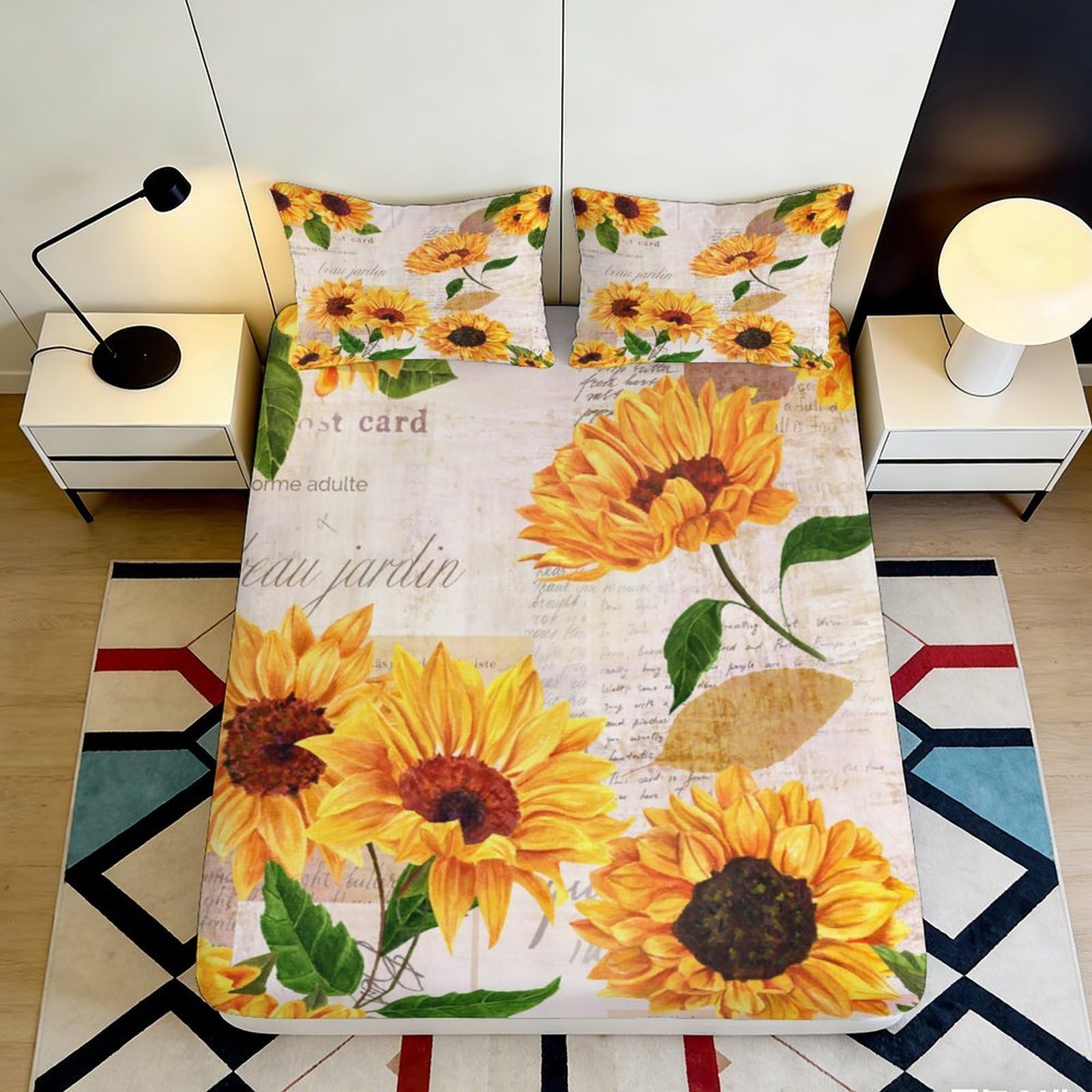 3D Printed Sunflower Fitted Sheet Microfiber Deep Pocket Non-Slip Sunflower Mattress Fitted Cover Elastic Hem Bedroom Bedding 90x200x25cm