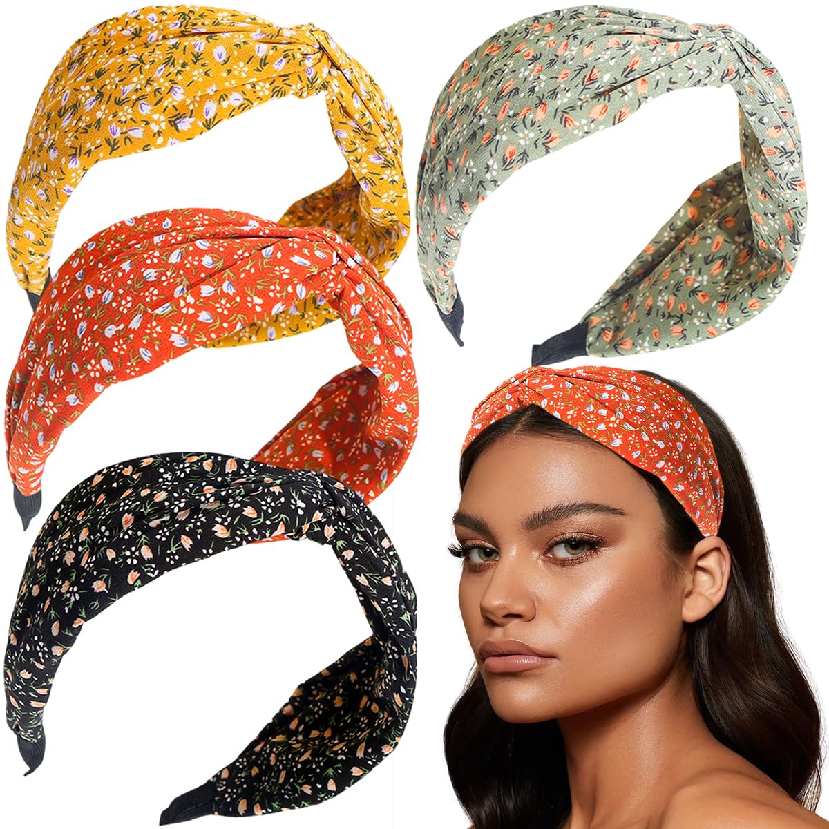 4 PCS Flower Printed Knotted Headbands Fabric Hair Band Vintage Elastic Printed Head Wrap Knotted Hairband Cute Boho Wide Hairbands Non Slip Elastic Hair Accessories for Women Girl