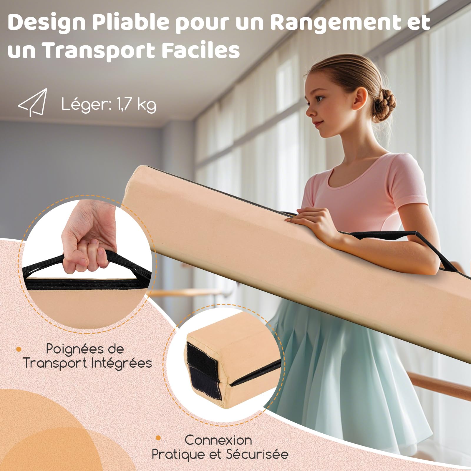 Poutre De Gymnastique Pliable GYMAX – 210/240 Cm, Antidérapant, Mousse EPE, Structure En Pin – Pour Enfants 3-10 Ans, équilibre, Danse, Fitness