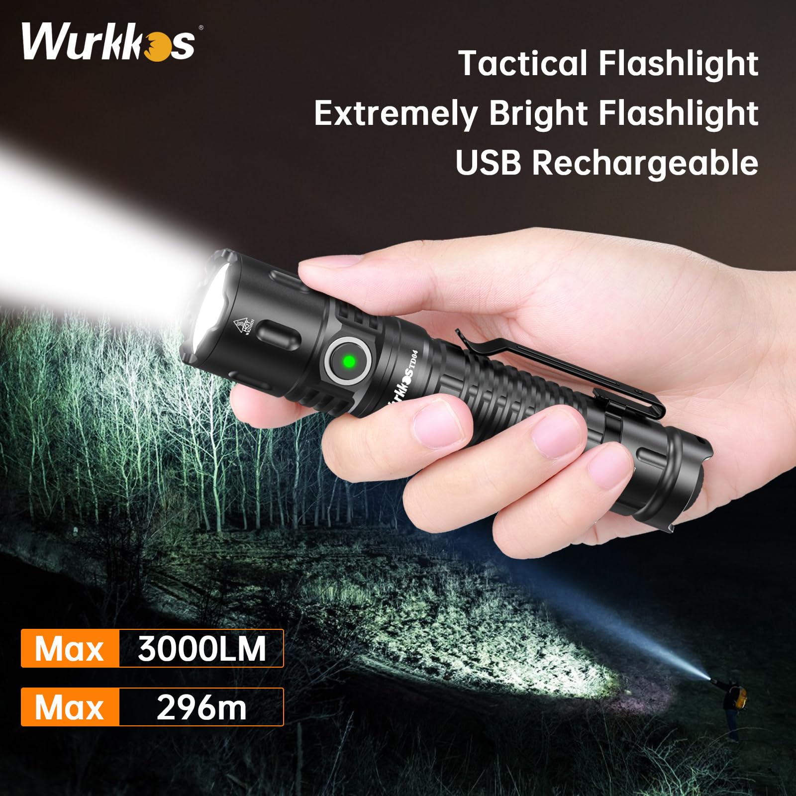 Wurkkos TD04 Torcia tattica a led ricaricabile da 5000mAh, 3000 lumen, torcia a led con interruttore tattico nero, IPX8,torcia led potente professionale torcia led ricaricabile potente