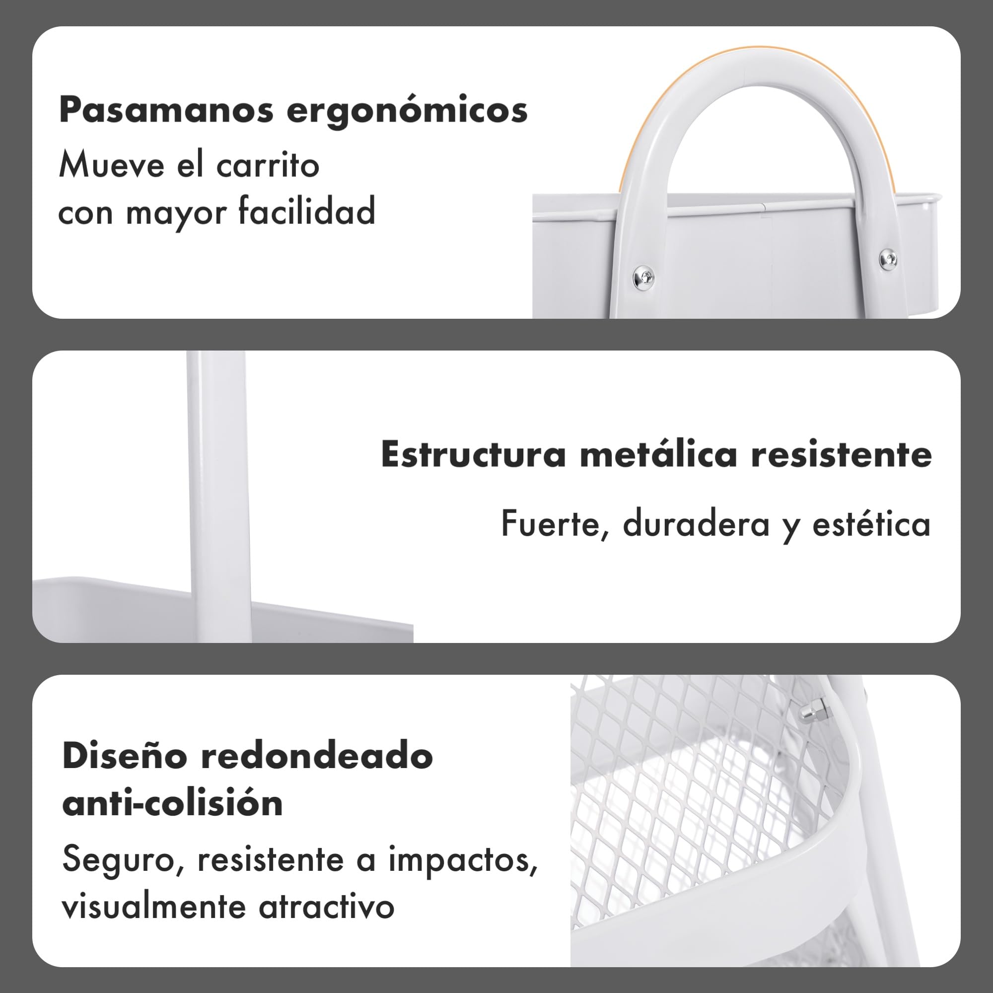T-LOVENDO.ES Carro de Cocina Metálico con Ruedas. Carrito Auxiliar Multiuso. 3 Cajones de Almacenamiento. Ideal para Frutas, Verduras, Cocina, Salón, Oficina (Blanco)