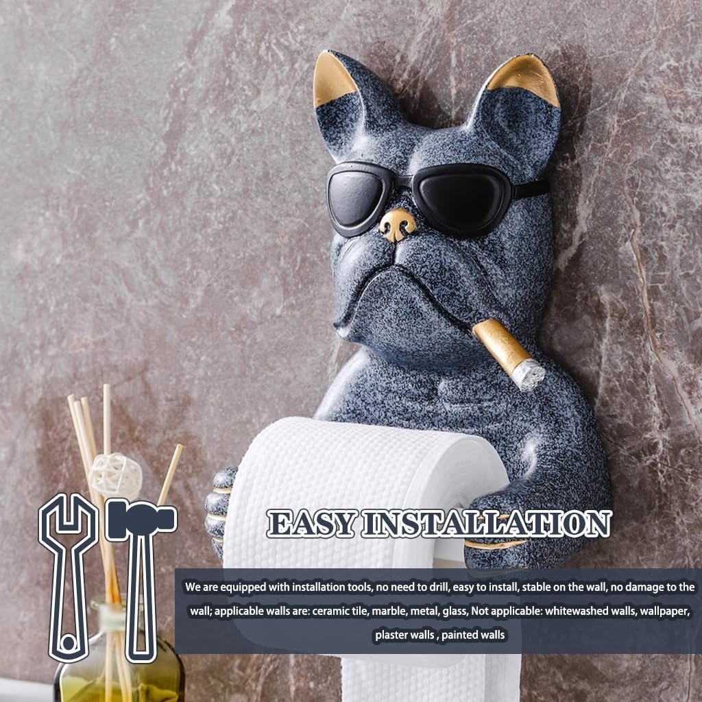 French Bulldog Toilet Paper Holder Wall Mounted - Cool Resin Dog Sculpture Toilet Roll Holder, Fun Bathroom Decor & Functional Tissue Storage for Home(Color : Grey, Size : 24.5 * 17 * 13cm)