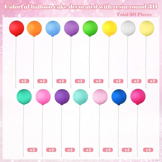 Skylety 30 Pcs Colorful Balloon Cake Toppers Mini Balloons on a Stick Birthday Cake Topper Decorations Rainbow Cupcake Picks Clay Ball for Birthday Wedding Baby Shower DIY Party(Assorted Color)