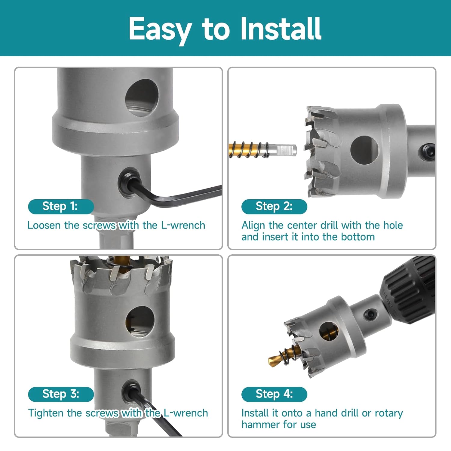9Pcs Carbide Hole Saw Kit, Triangular Shank Metal Steel Hole Saw Drill Bits, Upgrade Heavy Duty Carbide Hole Cutter with a Center Drill & 2Pcs L-Wrench, Hole Saw Set for Metal, Steel, Iron, Alloy