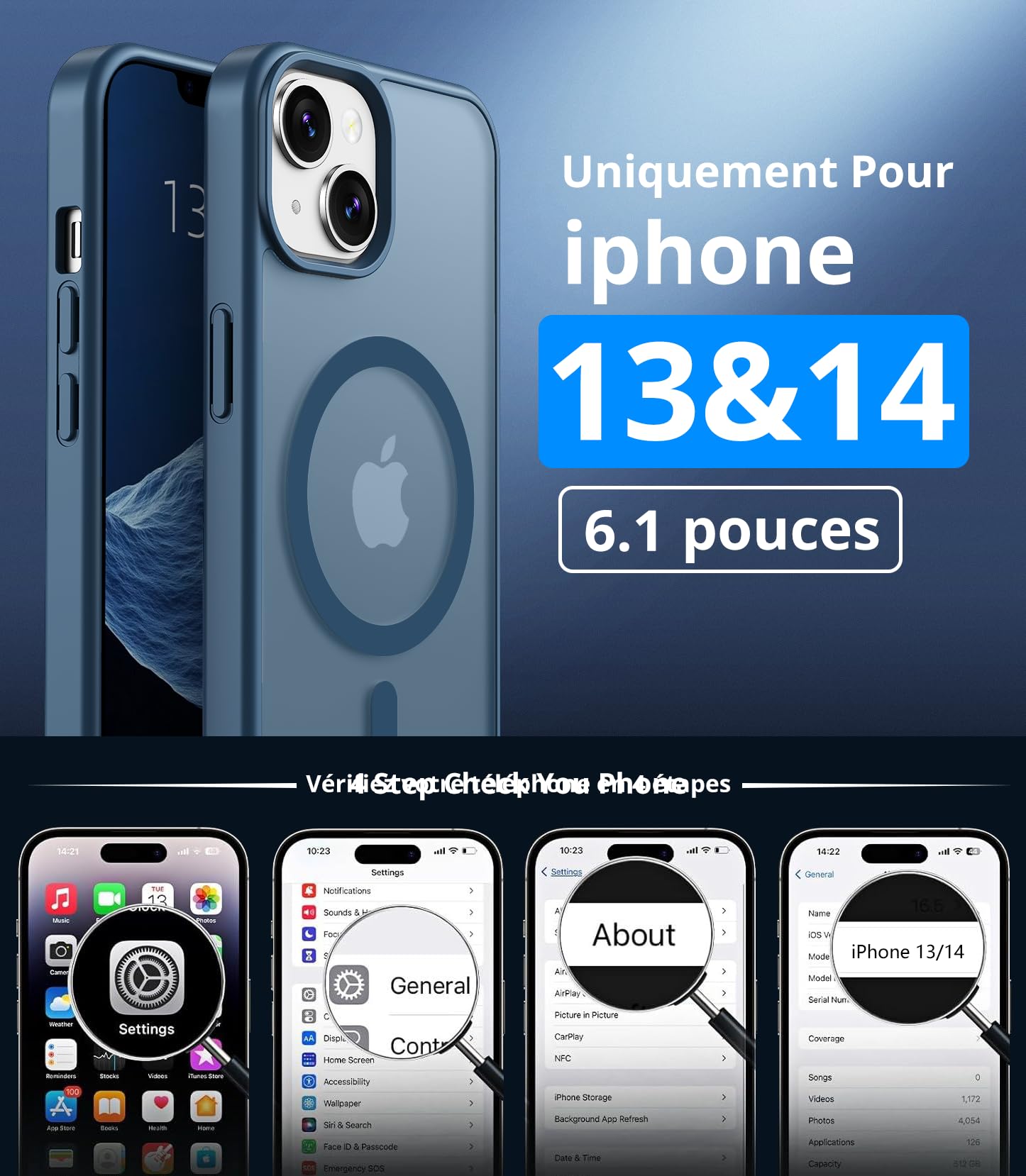 Vansdon Magnétique Coque pour iPhone 13 / iPhone 14 avec 1 Verre Trempé, Compatible avec MagSafe, Protection Contre Les Chutes de qualité Militaire, Coque Mat Translucide Fine Antichoc -Bleu Foncé