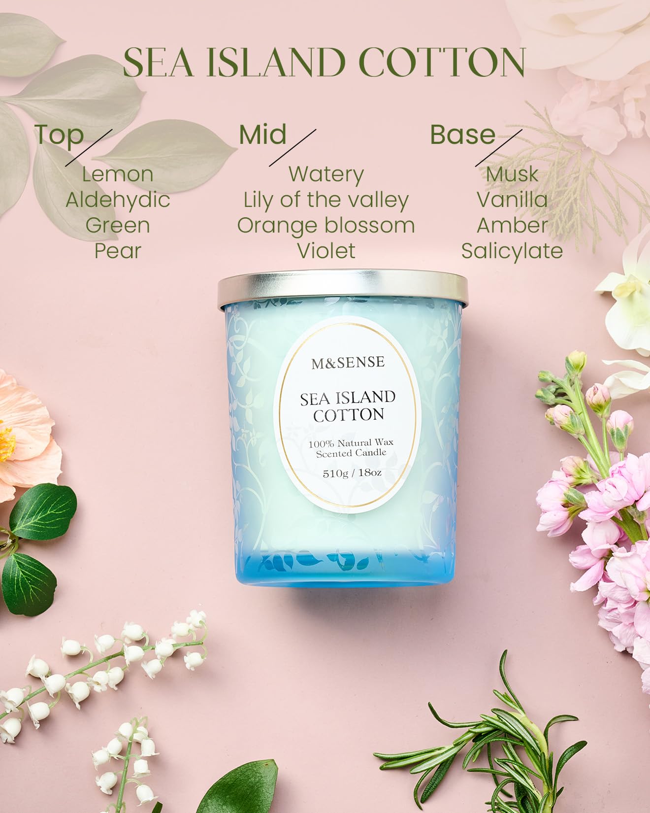 M&SENSE 510g Scented Candle, Lemon Musk Scent, Wooden Wick Candle, Crackling Candles, 100h Long Burning Large Candles - Image 3