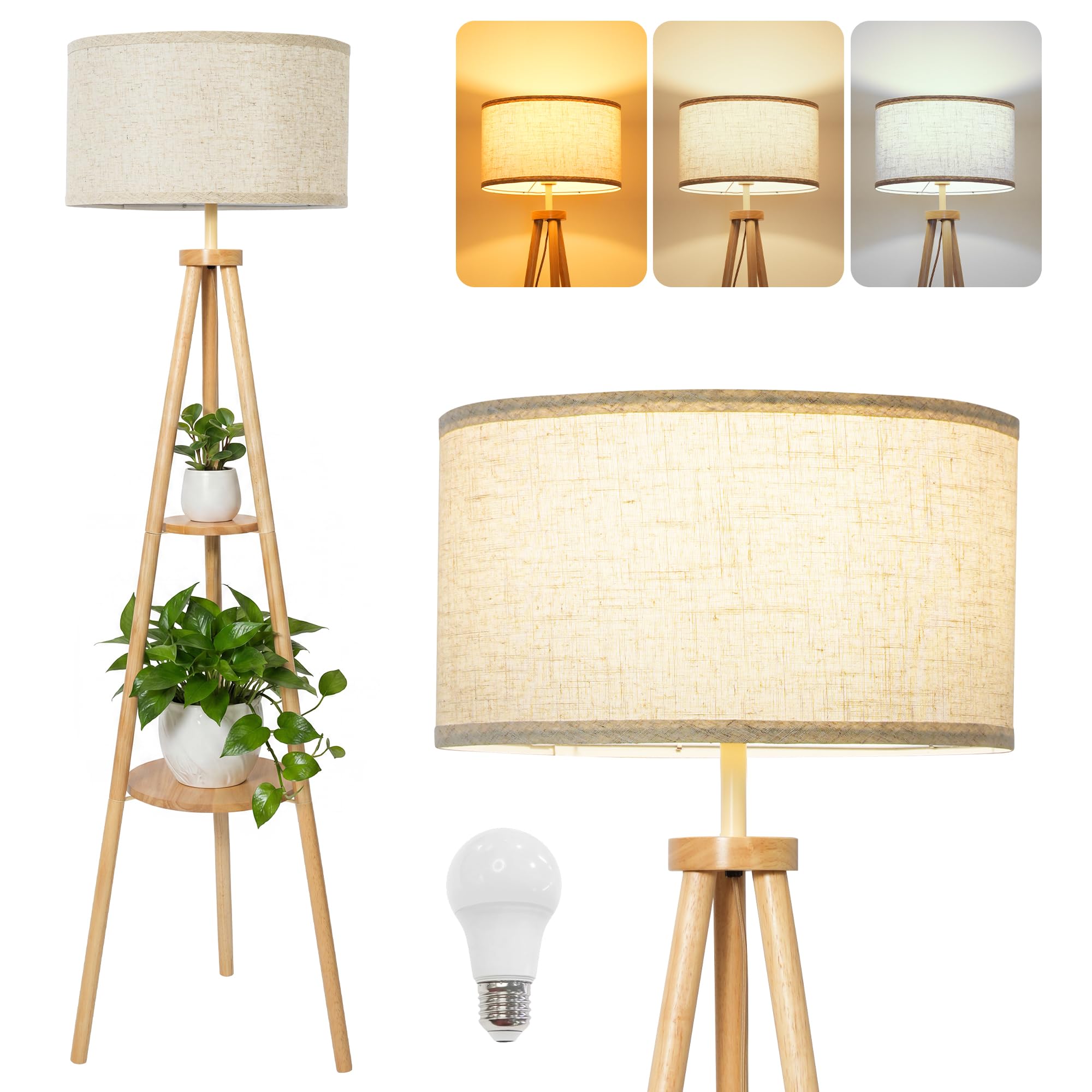 LuminexDesigns Tripod-Stehlampe aus Holz mit 2 Ablagen, Doppel-Lampenschirm aus Rattan & Stoff, Boho Stehleuchte im skandinavischen Stil, E27, Fußschalter, 154cm für Wohnzimmer Schlafzimmer Ecke