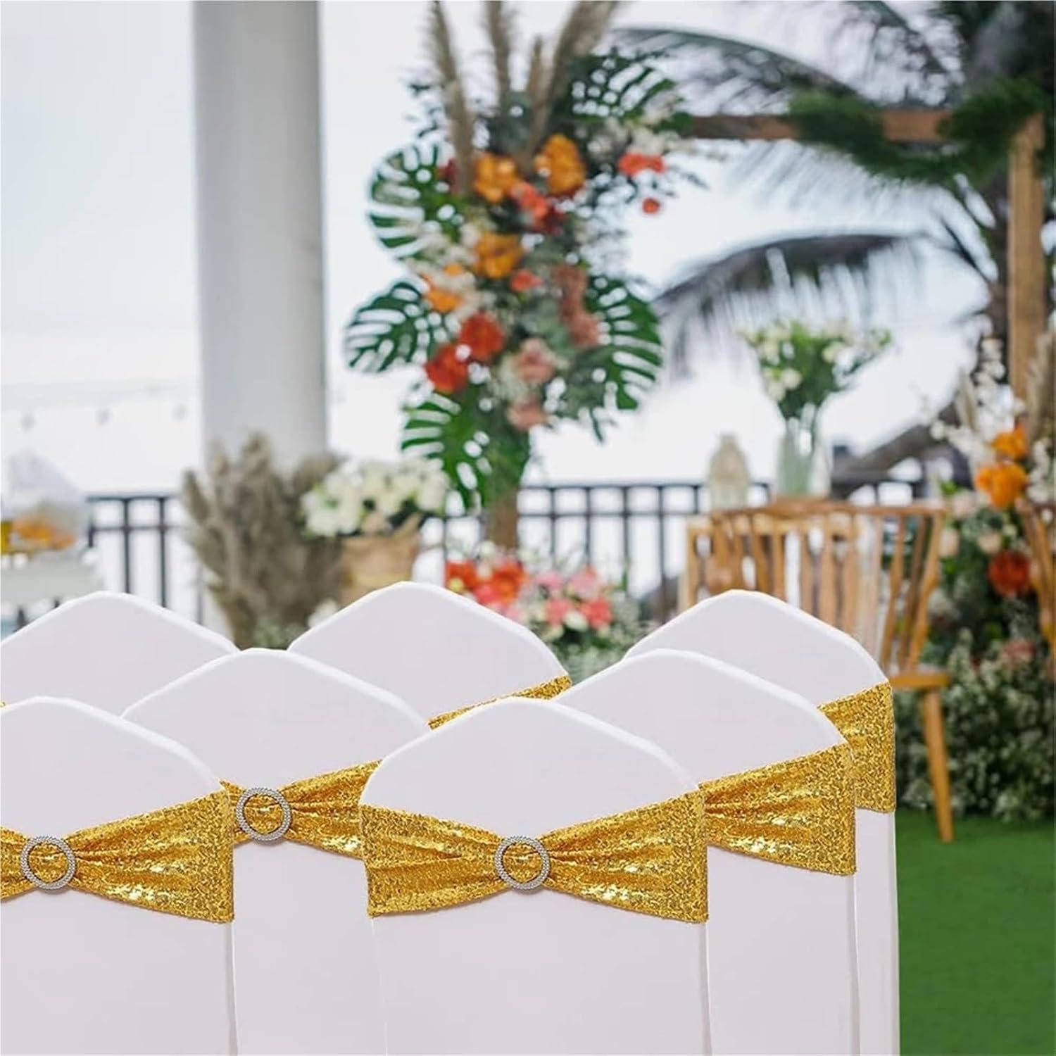 Chair Sashes 10/20pcs Gold Stretch Spandex Chair Bow Sash Bands for Wedding Party Banquet Decoration(20pcs)