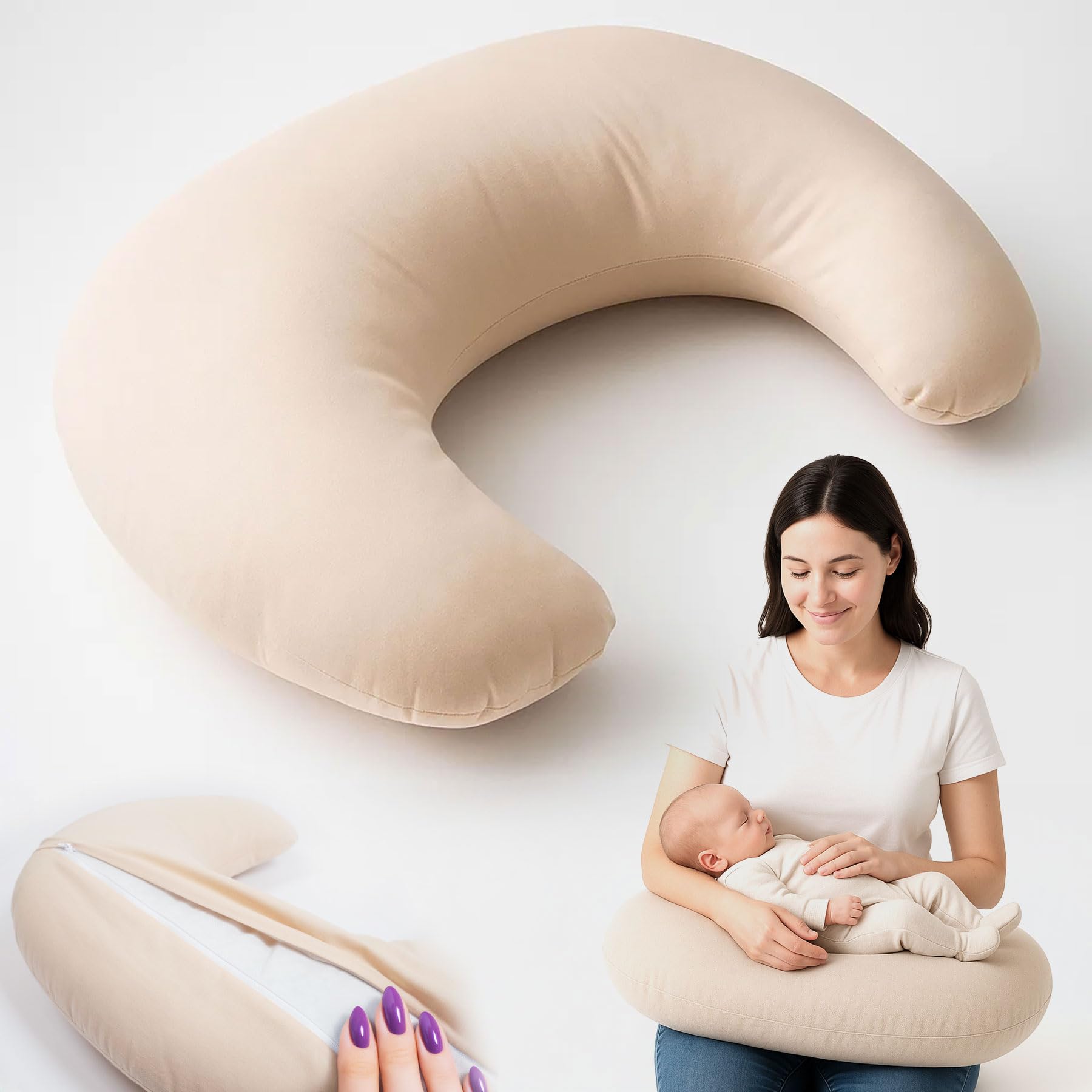 PaLulli Premium Stillkissen mit Stillkissenbezug aus 100% Baumwolle, abnehmbar Multifunktionale Positionierung von Baby und Mutter (Beige)