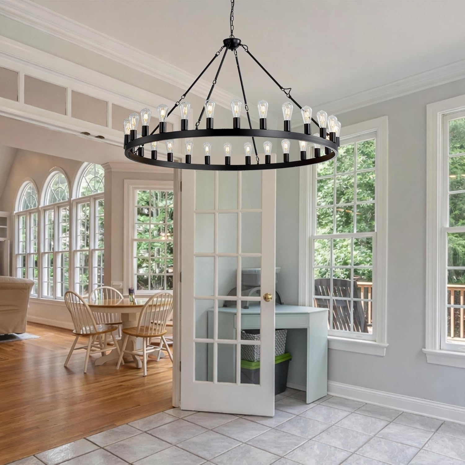 53" Black Wagon Wheel Chandelier, 28-Light Extra Large Round Farmhouse Ceiling Hanging Pendant Light for Dining Room, Living Room, Kitchen Island, Foyer, Entryway