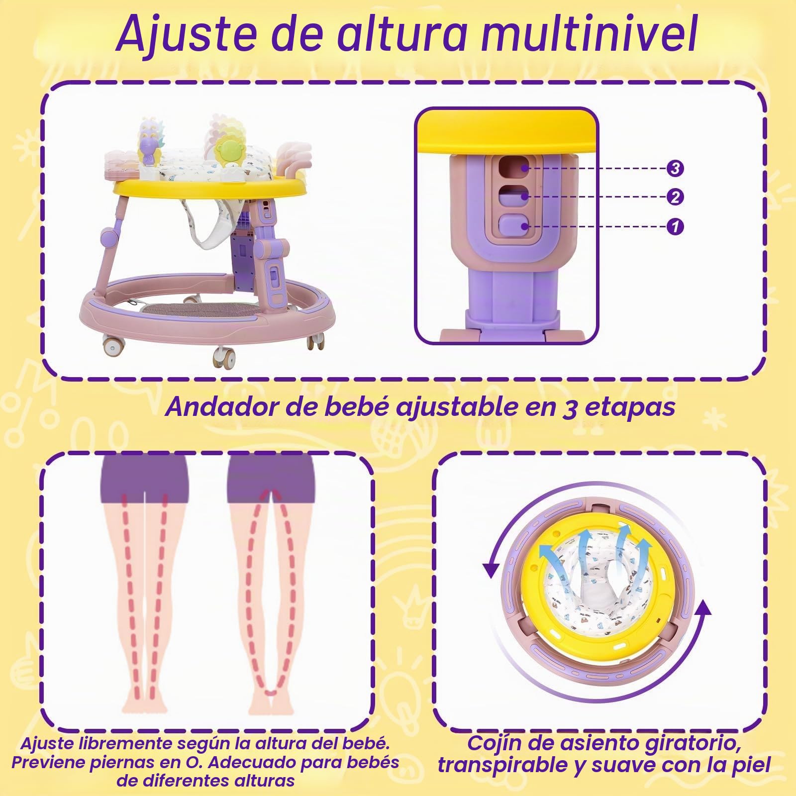 Andador Bebes 5 en 1,Tacata Bebe Plegable con Altura Música,Plegable Asiento Giratorio 360°,6 Ruedas Silenciosas,Apto Para Niños y Niñas a Partir de 6 Meses