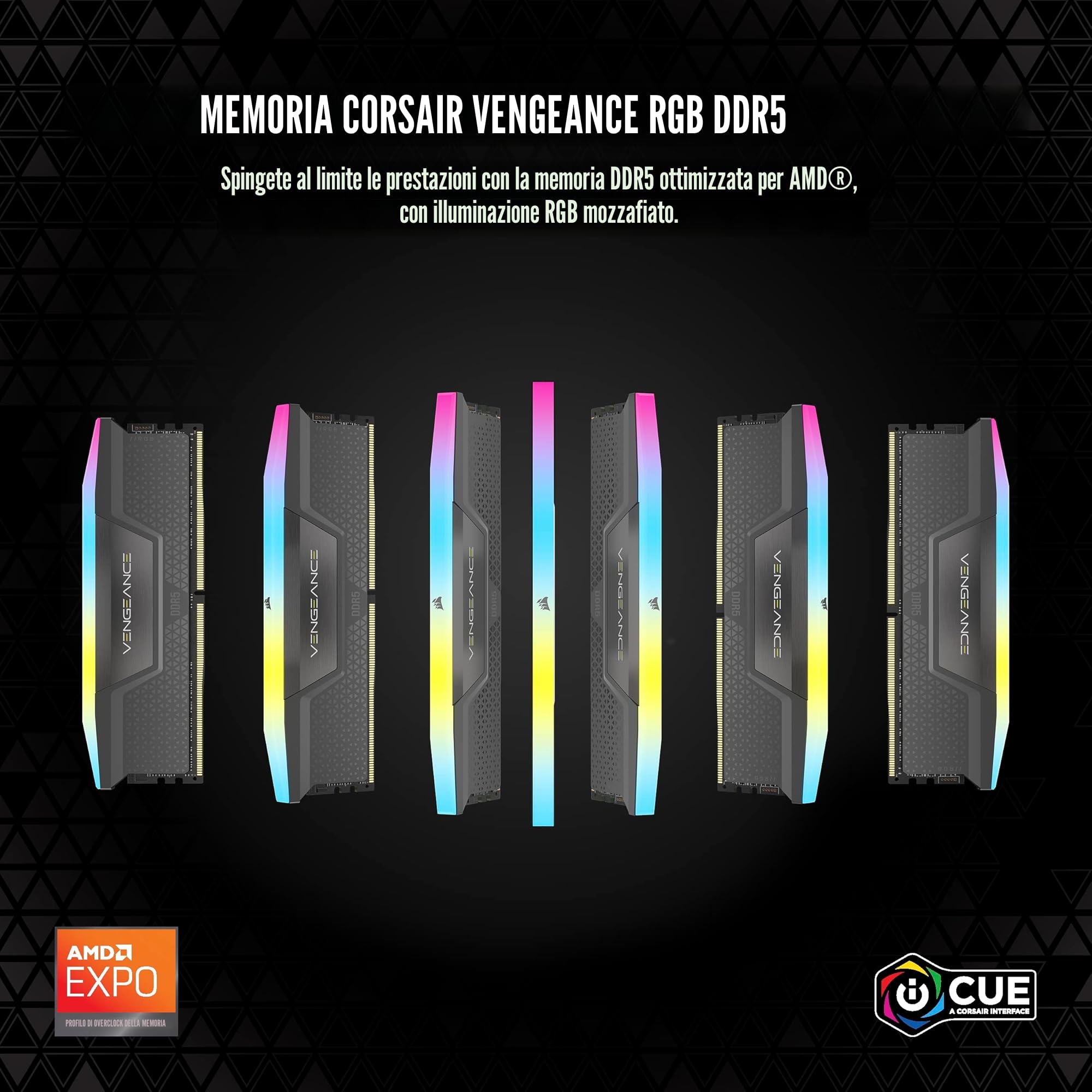 CORSAIR VENGEANCE RGB DDR5 64GB (2x32GB) DDR5 Fino a 5200MHz CL40 AMD EXPO Intel XMP iCUE Memoria Compatibile per Computer - Grigio (CMH64GX5M2B5200Z40K)
