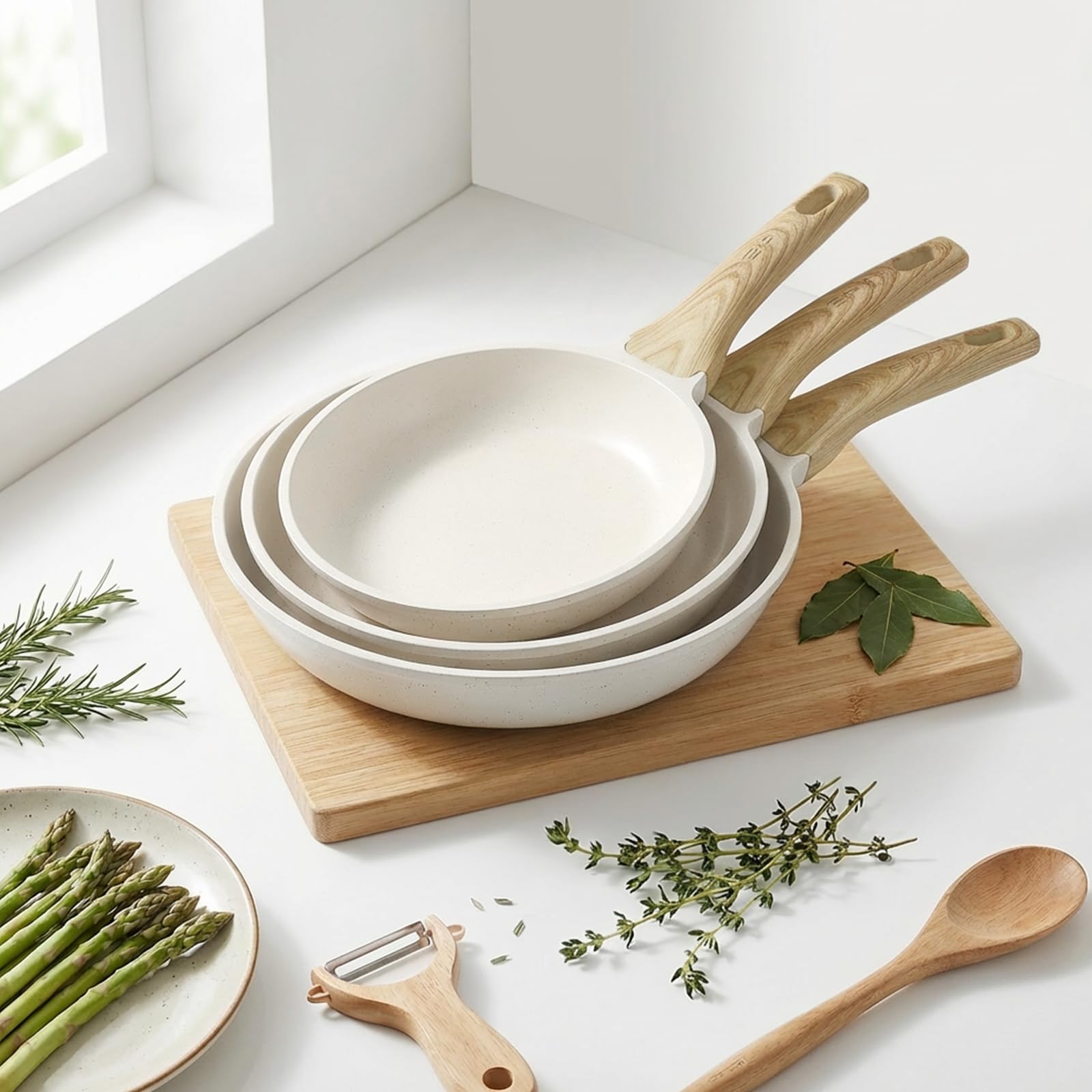 GiPP Ceramiczna patelnia nieprzywierająca, Zdrowa i nietoksyczna patelnia do smażenia, kompatybilna z indukcją, bez PFAS i PFOA, nadaje się do zmywarki (biały, 24+26+28cm)