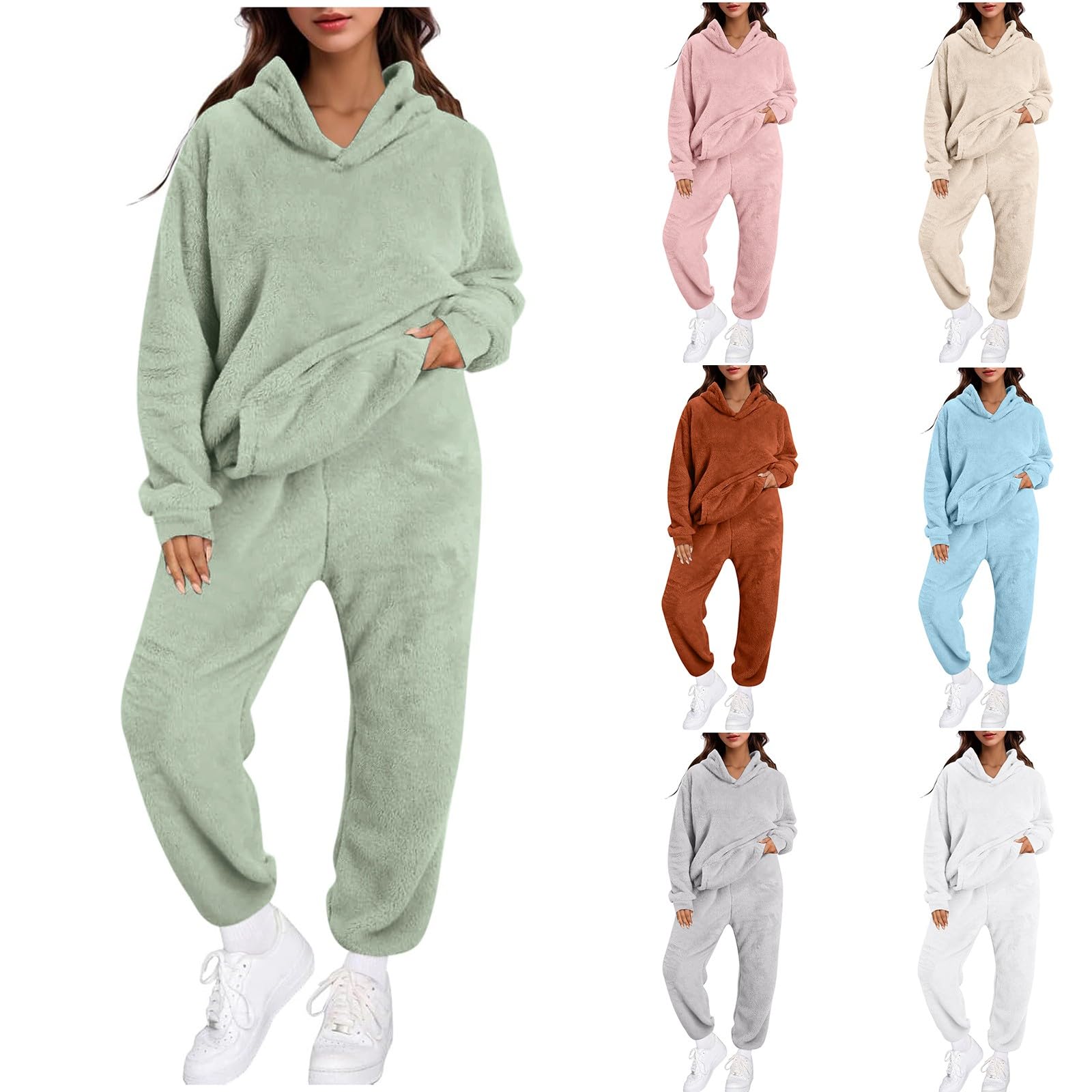 Pigiama da donna, lungo, soffice, caldo, in pile, biancheria da notte in 2 pezzi, con scollo rotondo, felpa e pigiama, per l'inverno, tinta unita, per il tempo libero