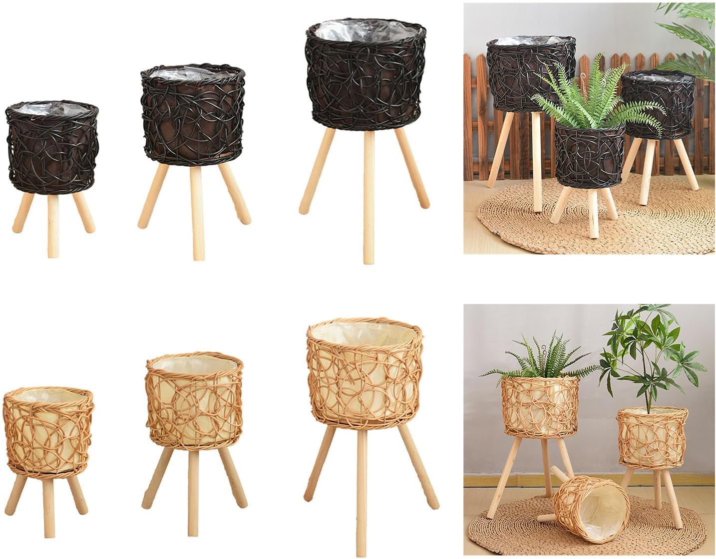 Indoor Rattan Plant Stand Flower Pots Holder Stool with 3 Wood Legs Decorative Indoor Planter Storage Basket Garden Pots Stand