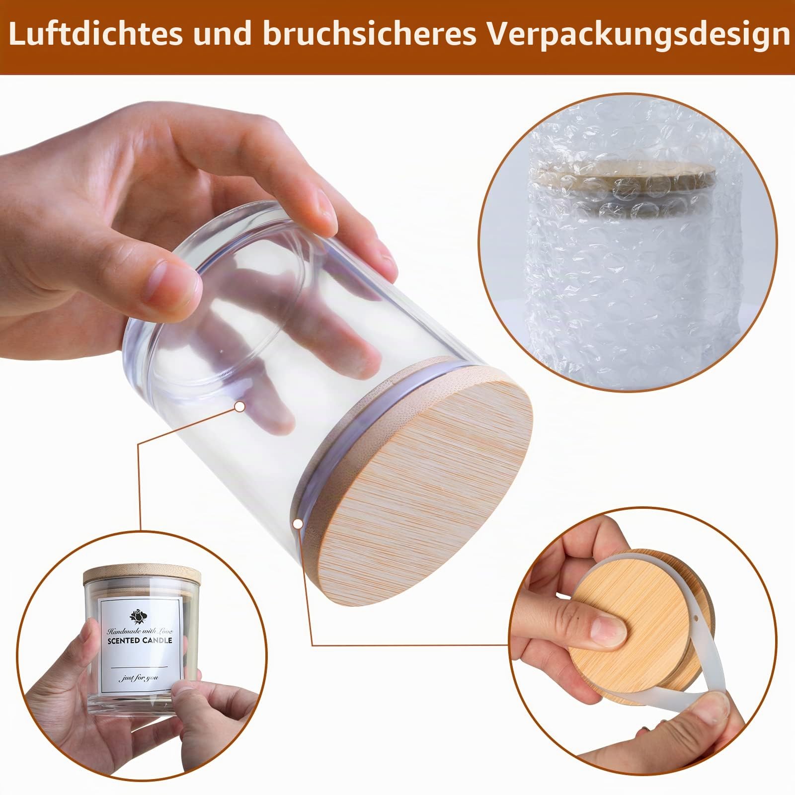 CONNOO 12 Stück 284 ml klare Glas-Kerzengläser mit Bambusdeckel, leere Kerzendosen, spülmaschinenfest