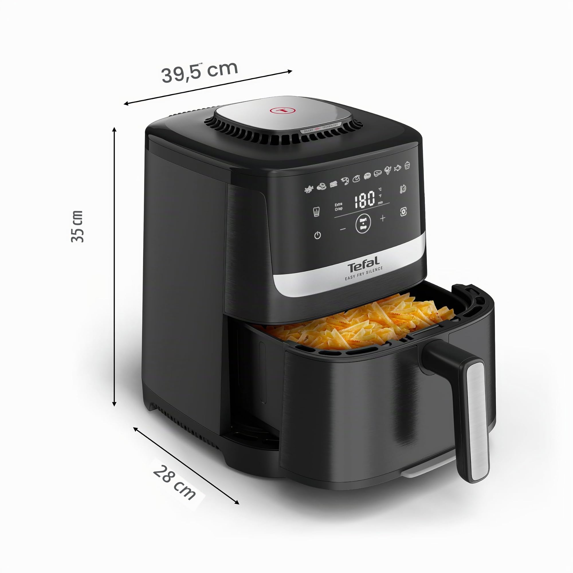Tefal Easy Fry Silence, Freidora de aire caliente, hasta un 99% menos de grasa, nueva tecnología silenciosa, capacidad de 5 l, con rejilla de cocción antiadherente, fácil limpieza, Negro, EY5528E0