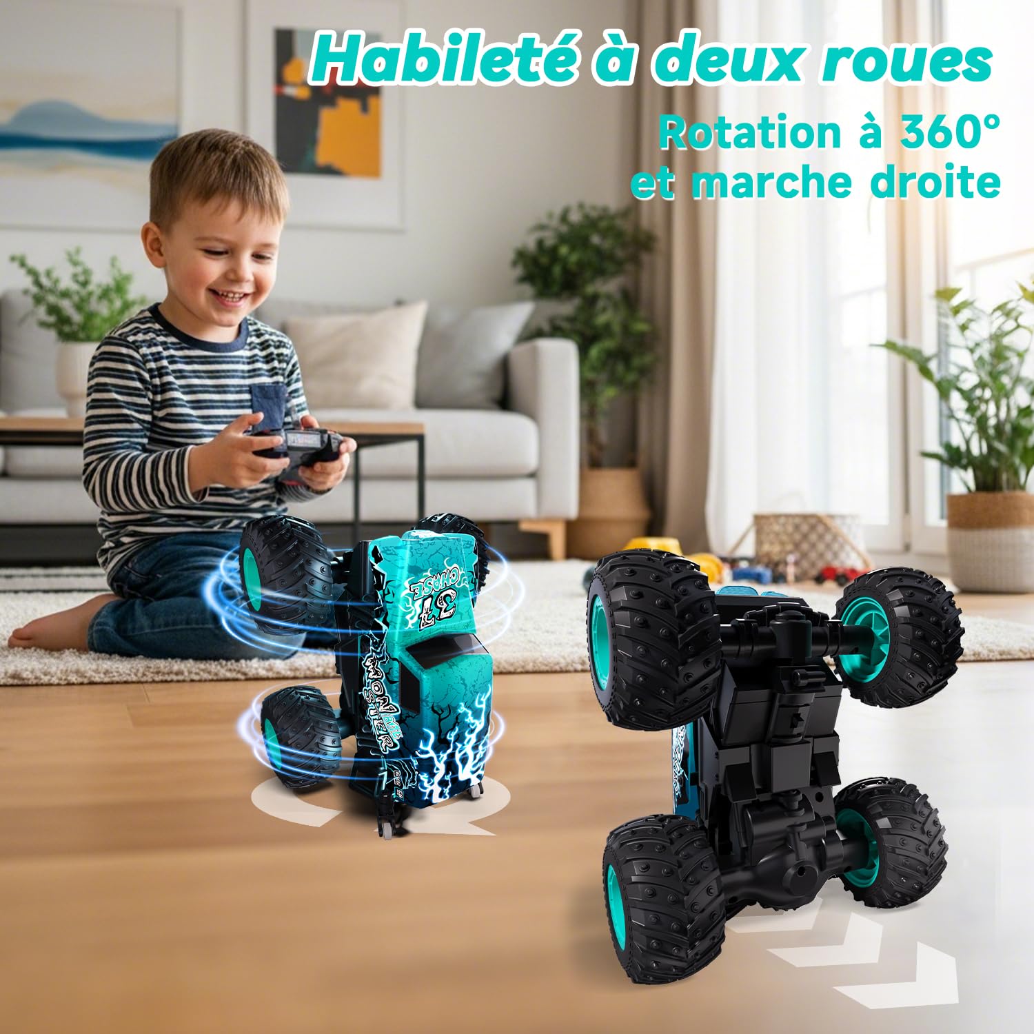 Halloween Monster Truck avec télécommande, camion monstre 1/20 avec marche verticale et rotation à 360°, 20 km/h, voiture télécommandée avec lumière LED et musique, jouets d'Halloween, cadeaux
