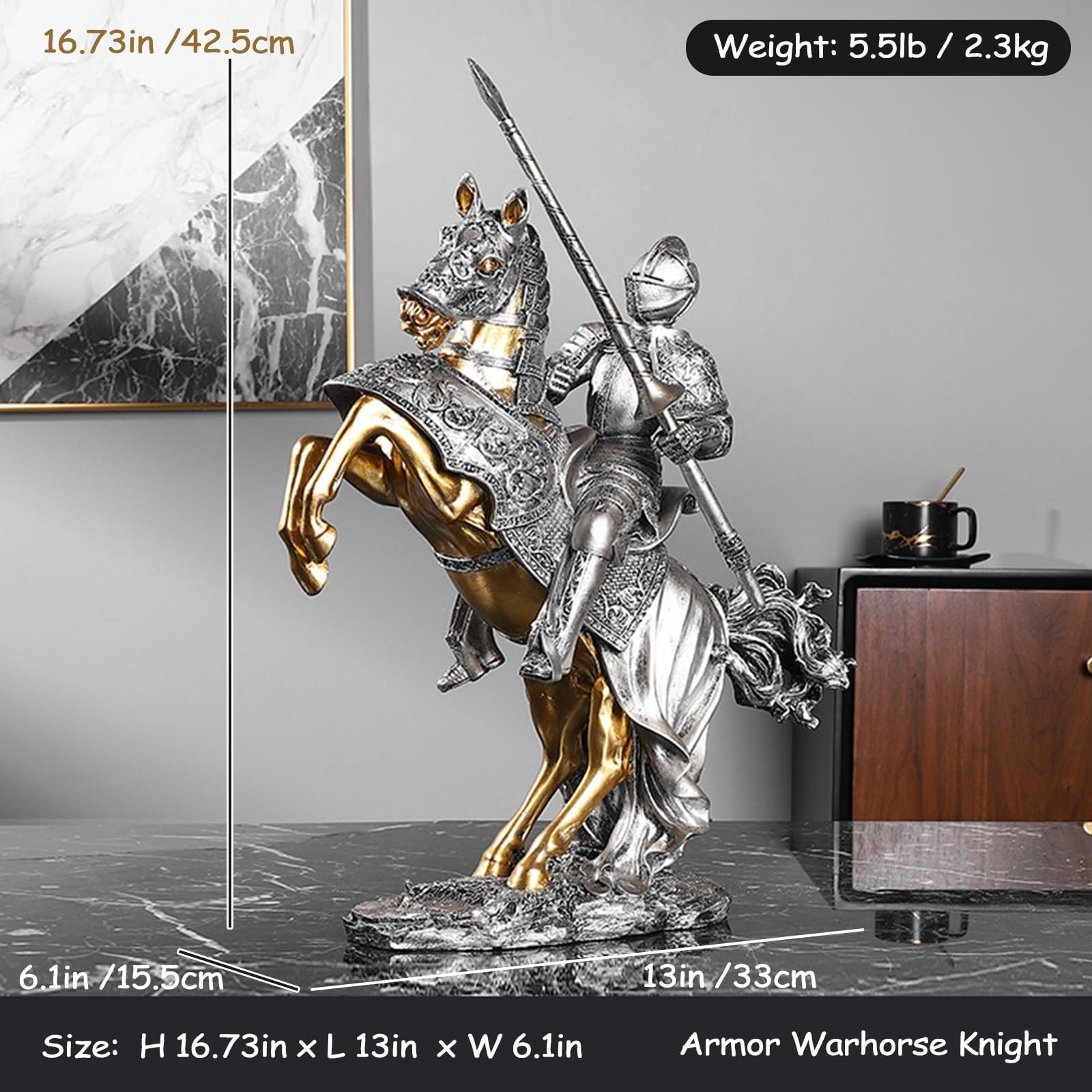 dekoracja biurka artystyczna statuetka rzeźba - rycerz brązowy posąg konia bojowego, 42 cm kolekcja legendarna średniowieczna rzeźba rycerza, szermierz strażnik wojownik wojownik F